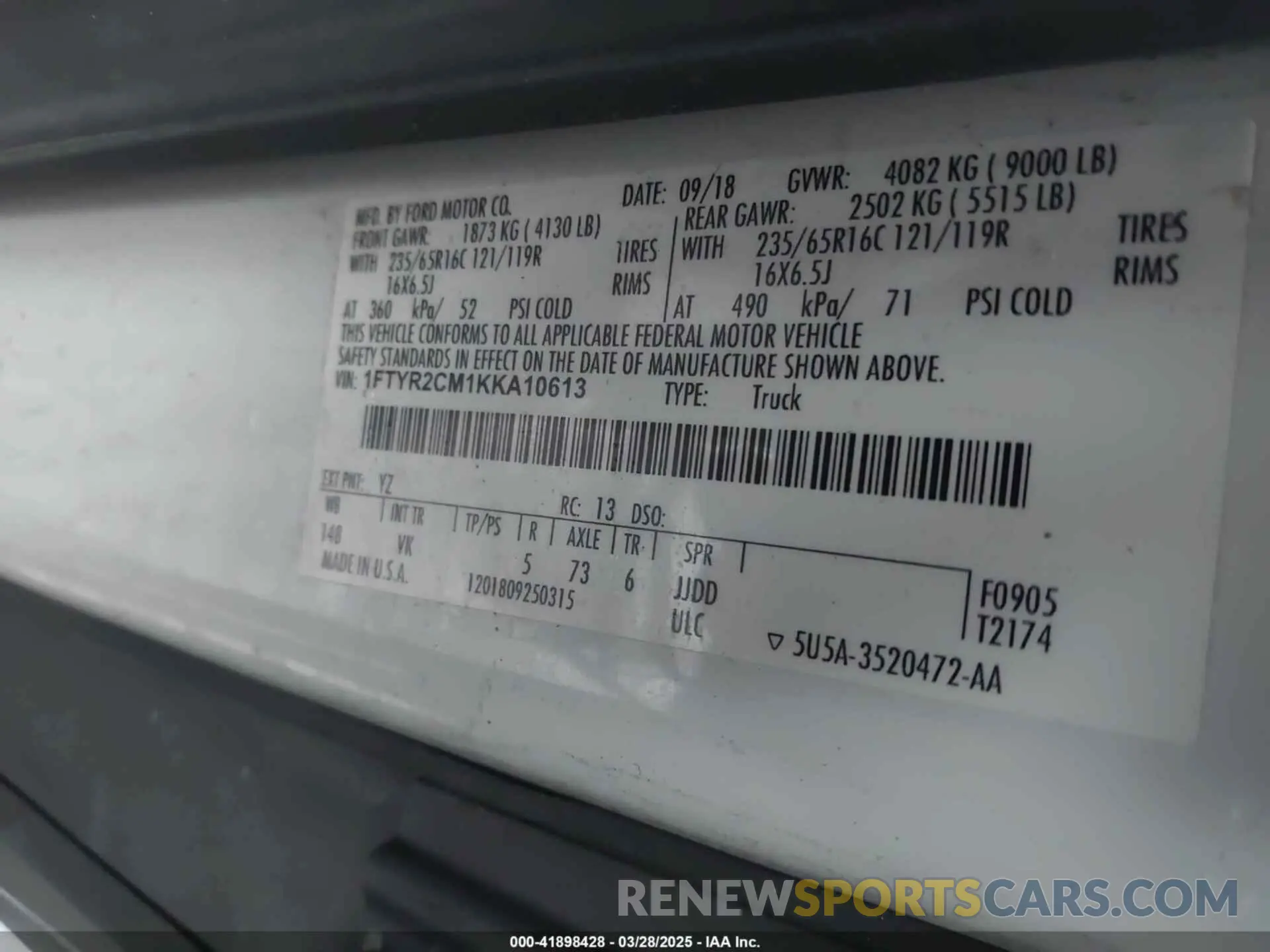9 fotografías del automóvil dañado 1FTYR2CM1KKA10613 FORD TRANSIT-250 2019