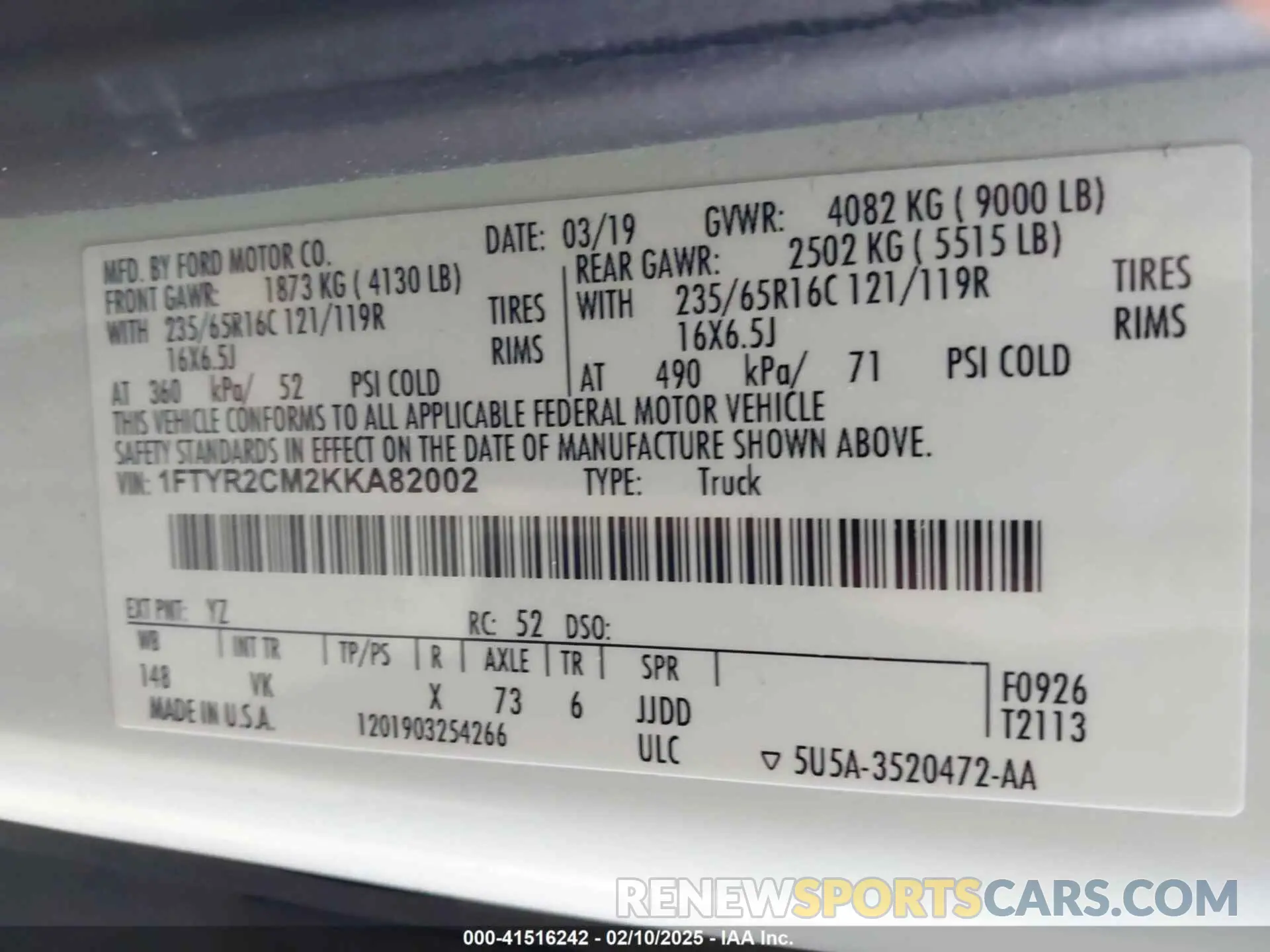 9 fotografías del automóvil dañado 1FTYR2CM2KKA82002 FORD TRANSIT-250 2019