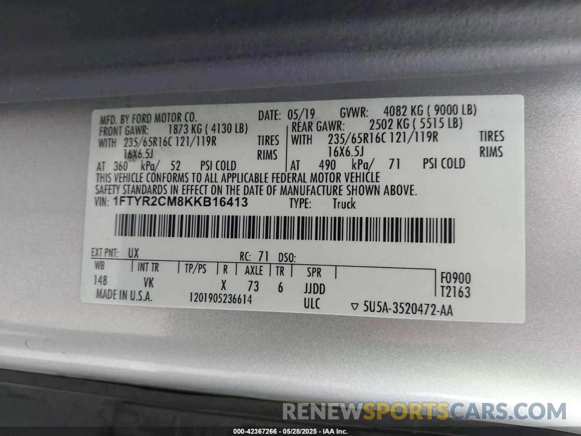 9 fotografías del automóvil dañado 1FTYR2CM8KKB16413 FORD TRANSIT-250 2019