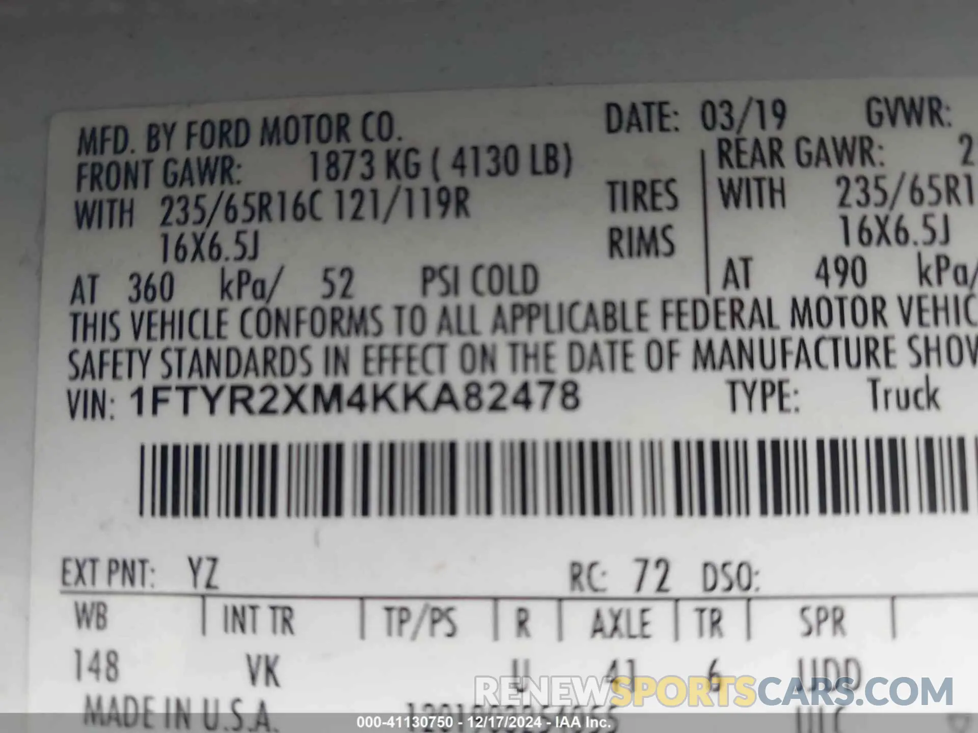 9 fotografías del automóvil dañado 1FTYR2XM4KKA82478 FORD TRANSIT-250 2019