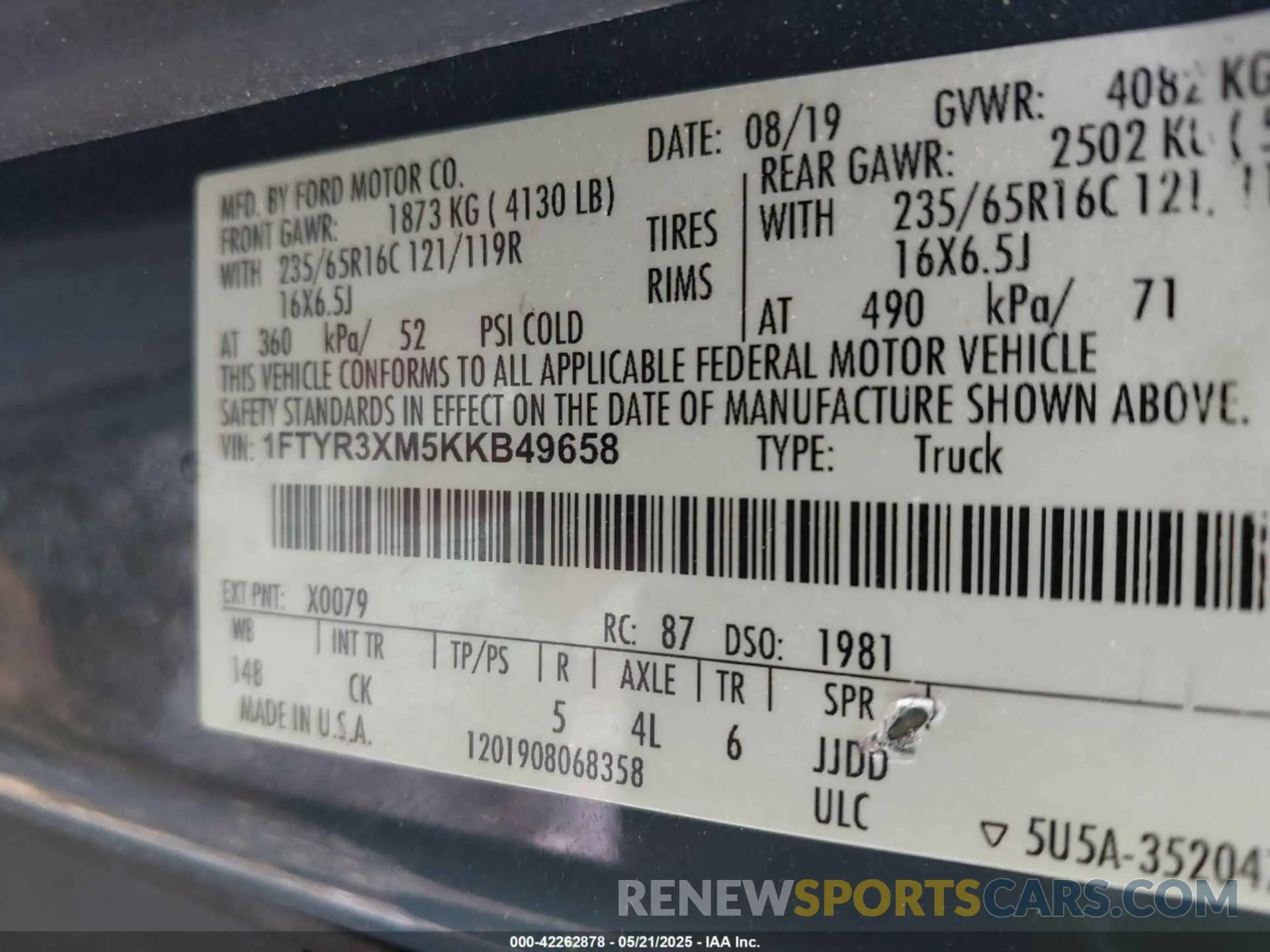 9 fotografías del automóvil dañado 1FTYR3XM5KKB49658 FORD TRANSIT-250 2019