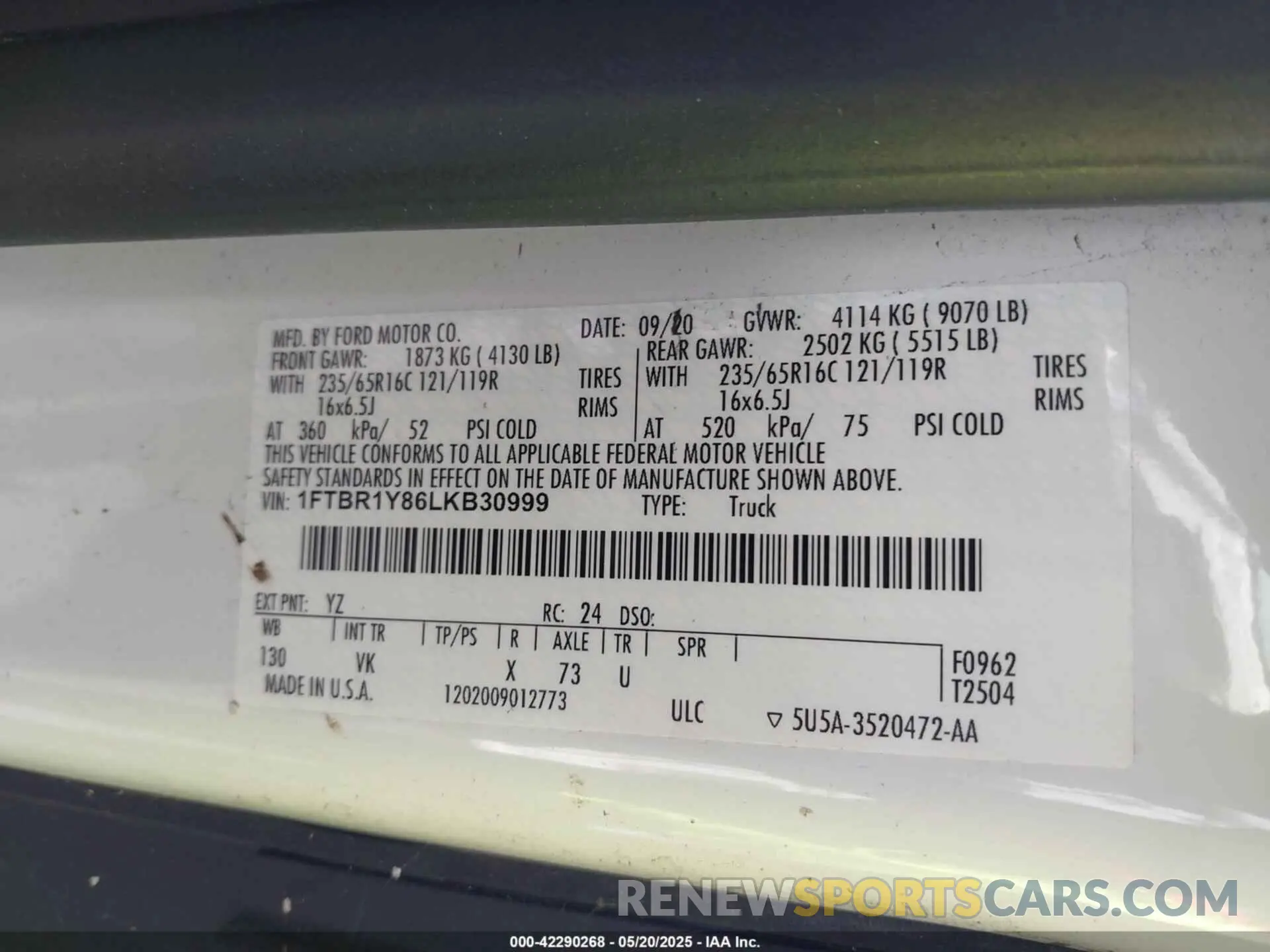 9 fotografías del automóvil dañado 1FTBR1Y86LKB30999 FORD TRANSIT-250 2020