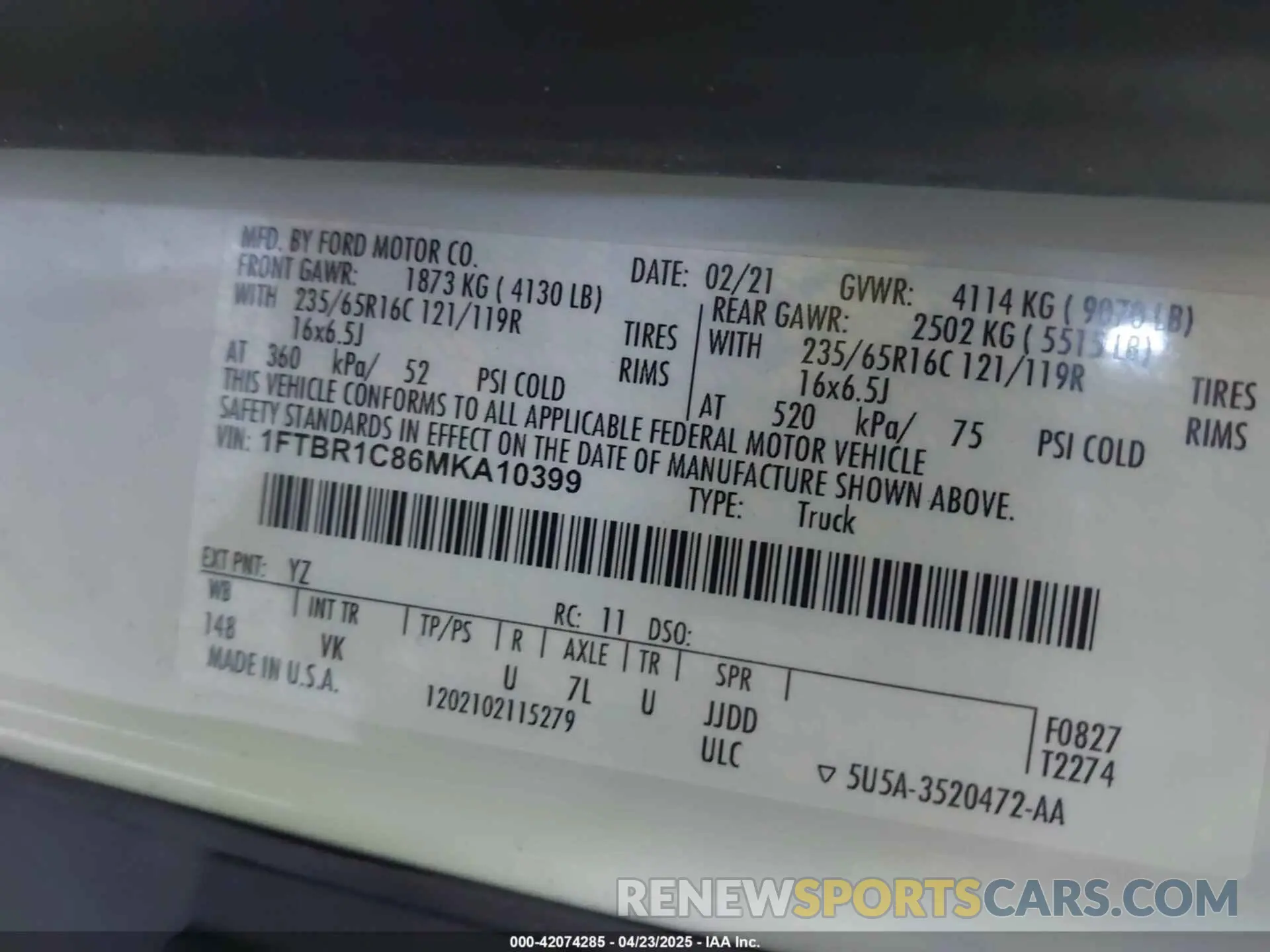 9 fotografías del automóvil dañado 1FTBR1C86MKA10399 FORD TRANSIT-250 2021