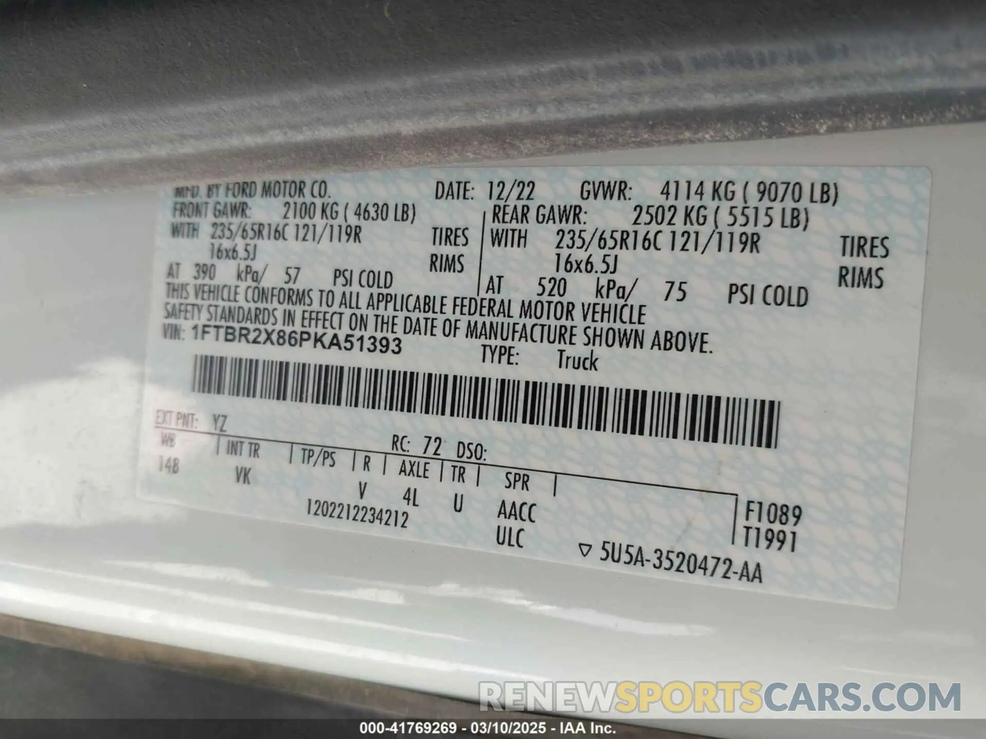 9 fotografías del automóvil dañado 1FTBR2X86PKA51393 FORD TRANSIT-250 2023