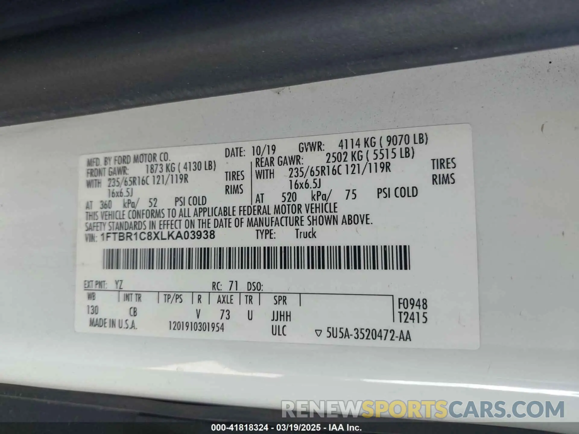 9 fotografías del automóvil dañado 1FTBR1C8XLKA03938 FORD TRANSIT-250 CARGO VAN 2020