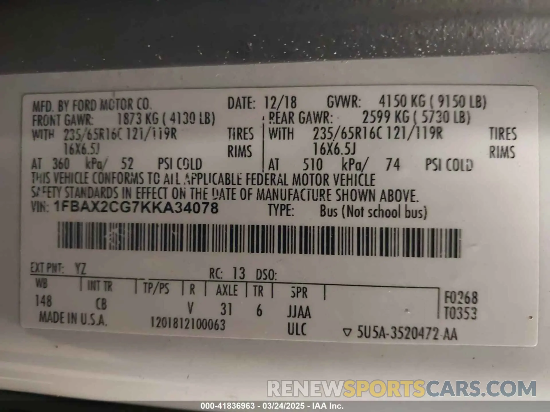 9 fotografías del automóvil dañado 1FBAX2CG7KKA34078 FORD TRANSIT-350 2019
