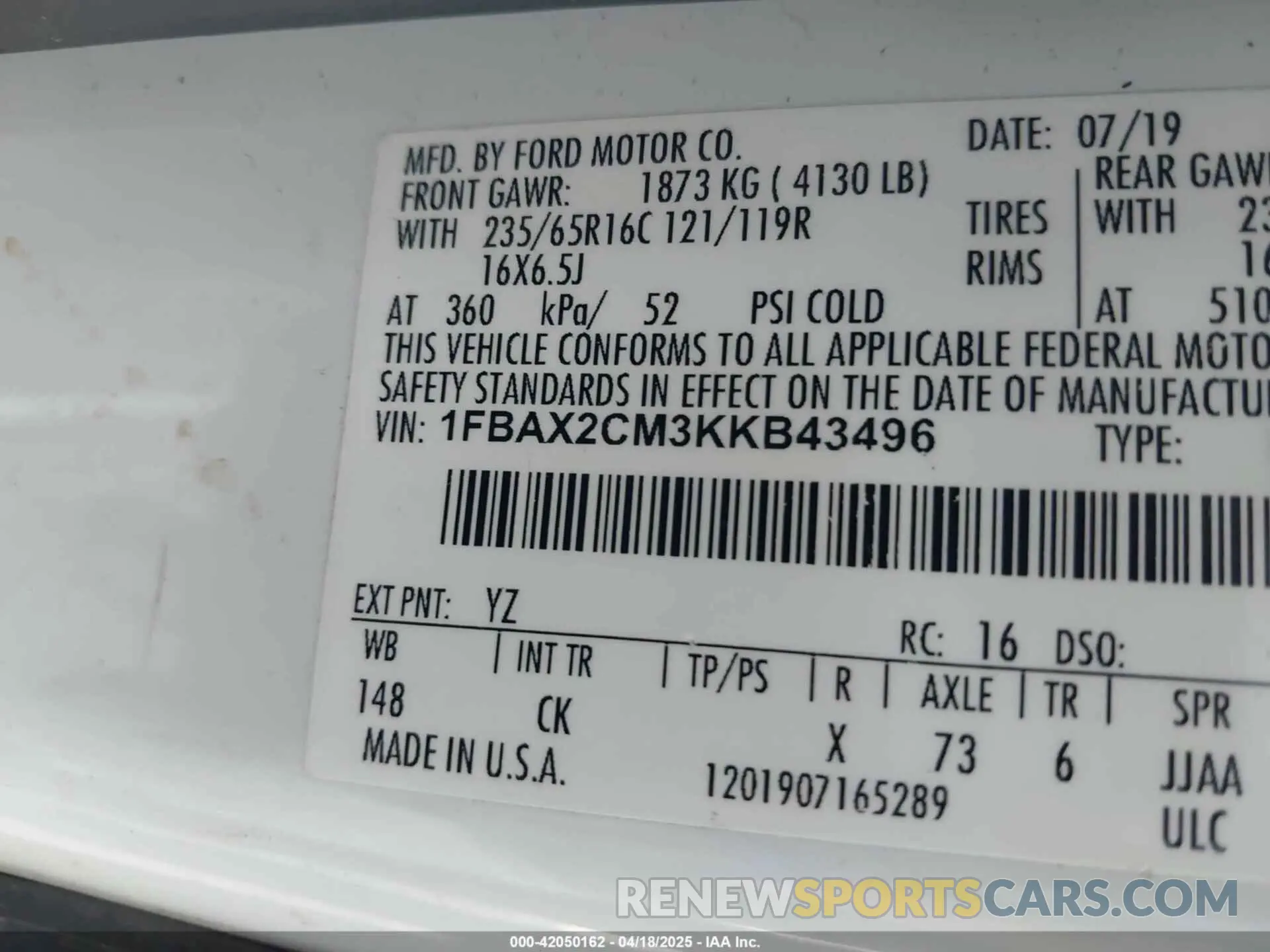 9 fotografías del automóvil dañado 1FBAX2CM3KKB43496 FORD TRANSIT-350 2019