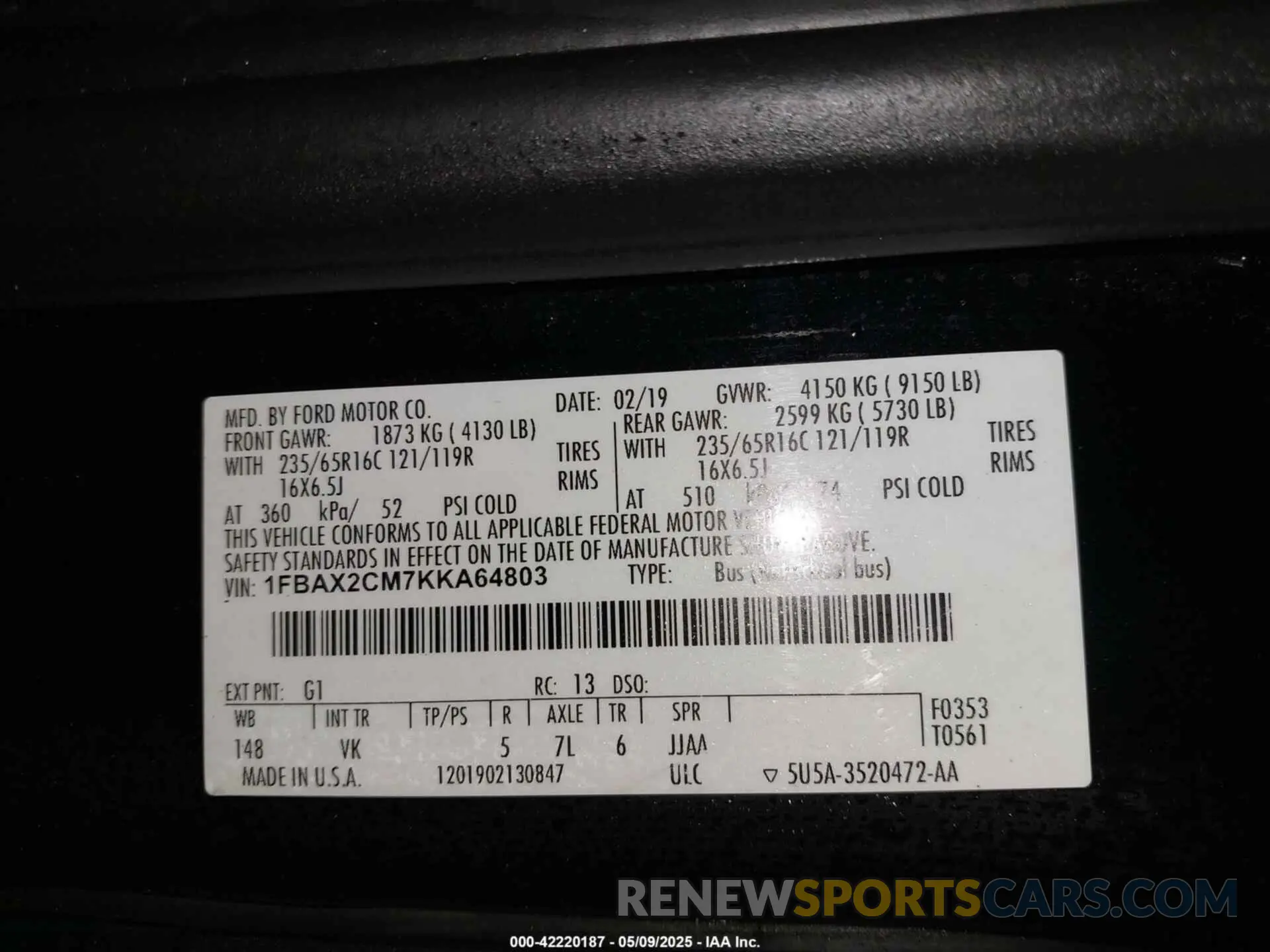 9 fotografías del automóvil dañado 1FBAX2CM7KKA64803 FORD TRANSIT-350 2019