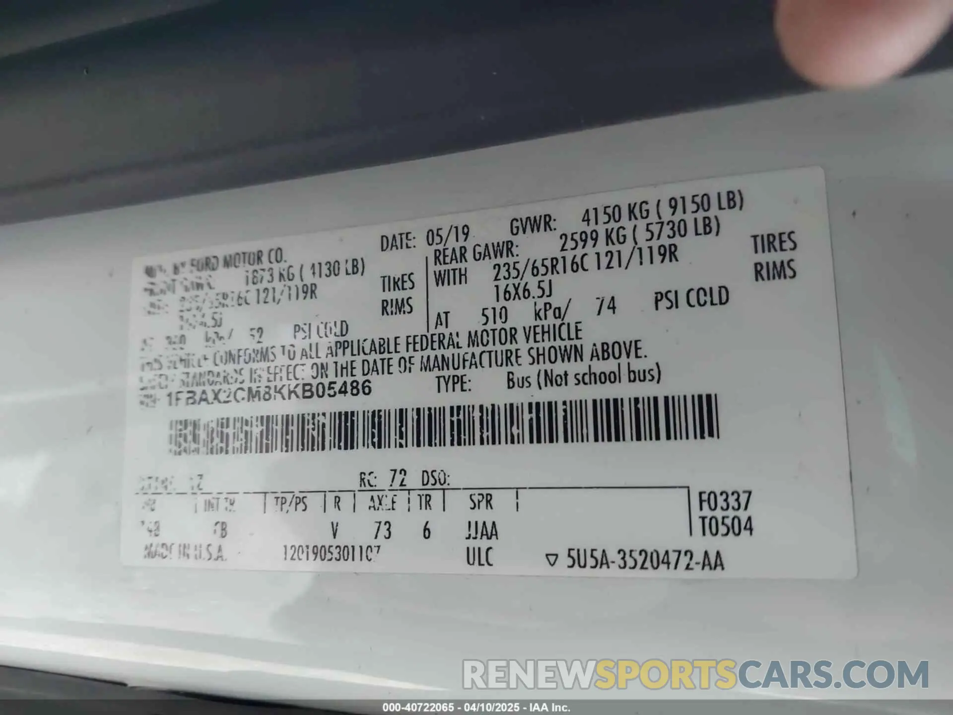 9 fotografías del automóvil dañado 1FBAX2CM8KKB05486 FORD TRANSIT-350 2019