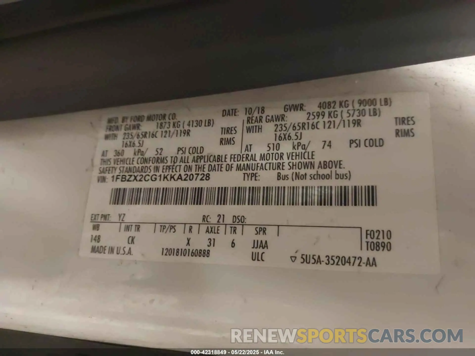 9 fotografías del automóvil dañado 1FBZX2CG1KKA20728 FORD TRANSIT-350 2019