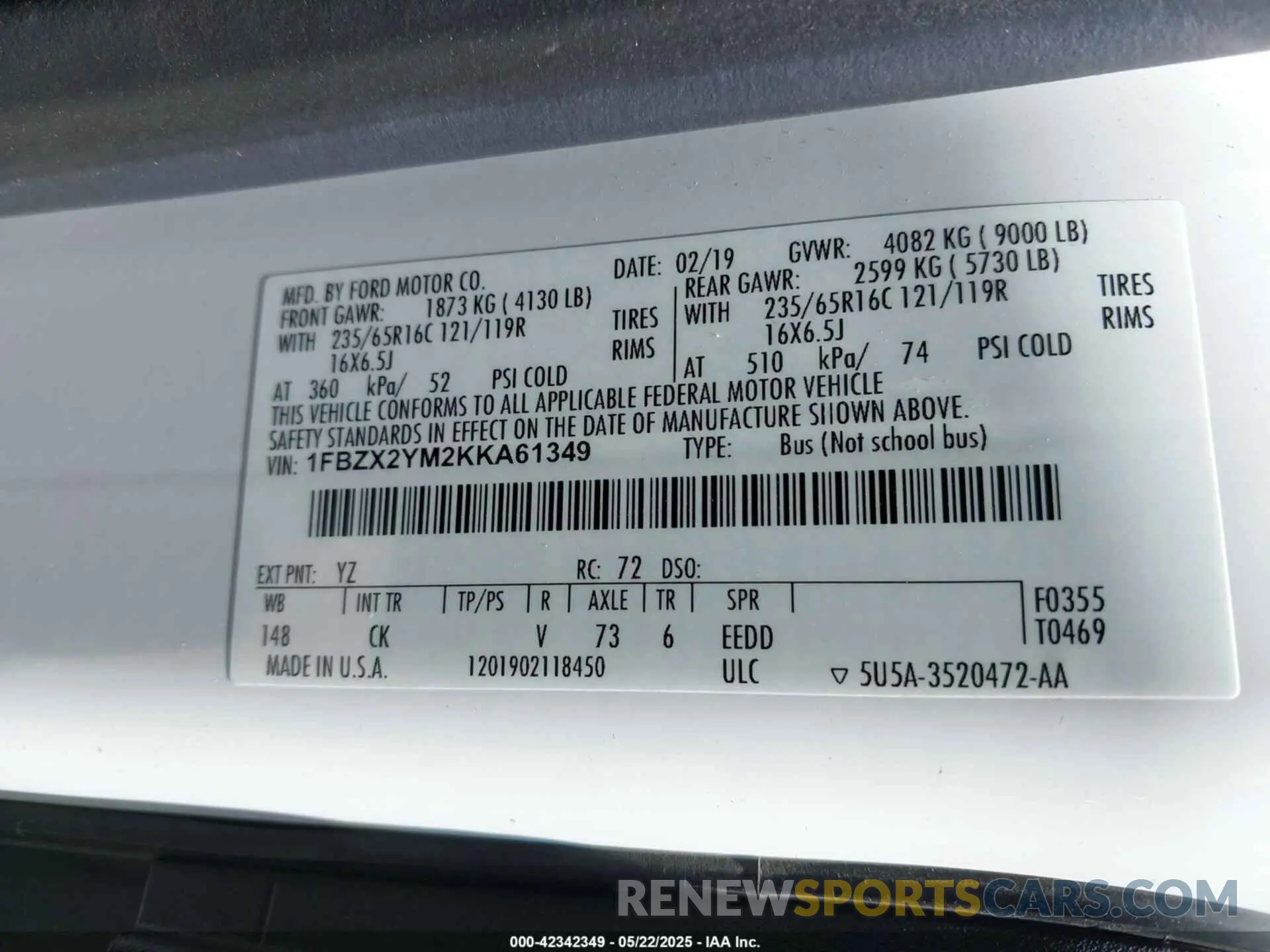 9 fotografías del automóvil dañado 1FBZX2YM2KKA61349 FORD TRANSIT-350 2019
