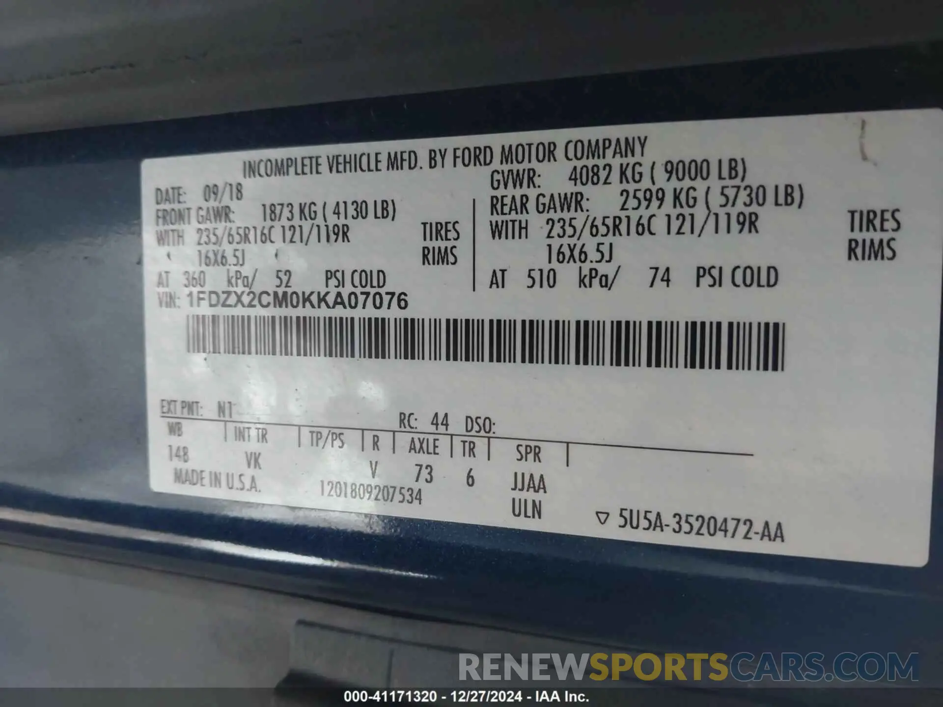 9 fotografías del automóvil dañado 1FDZX2CM0KKA07076 FORD TRANSIT-350 2019