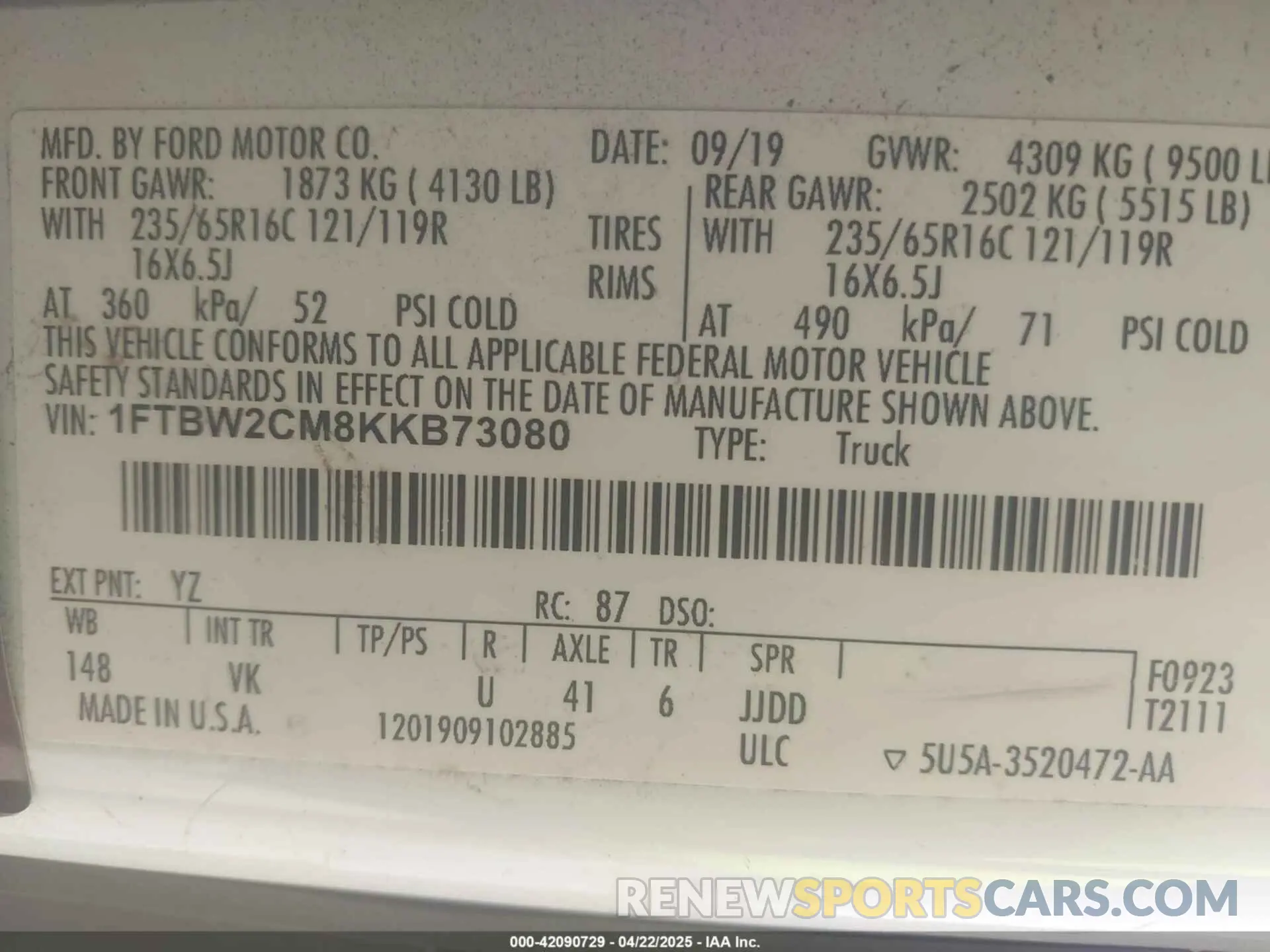 9 fotografías del automóvil dañado 1FTBW2CM8KKB73080 FORD TRANSIT-350 2019