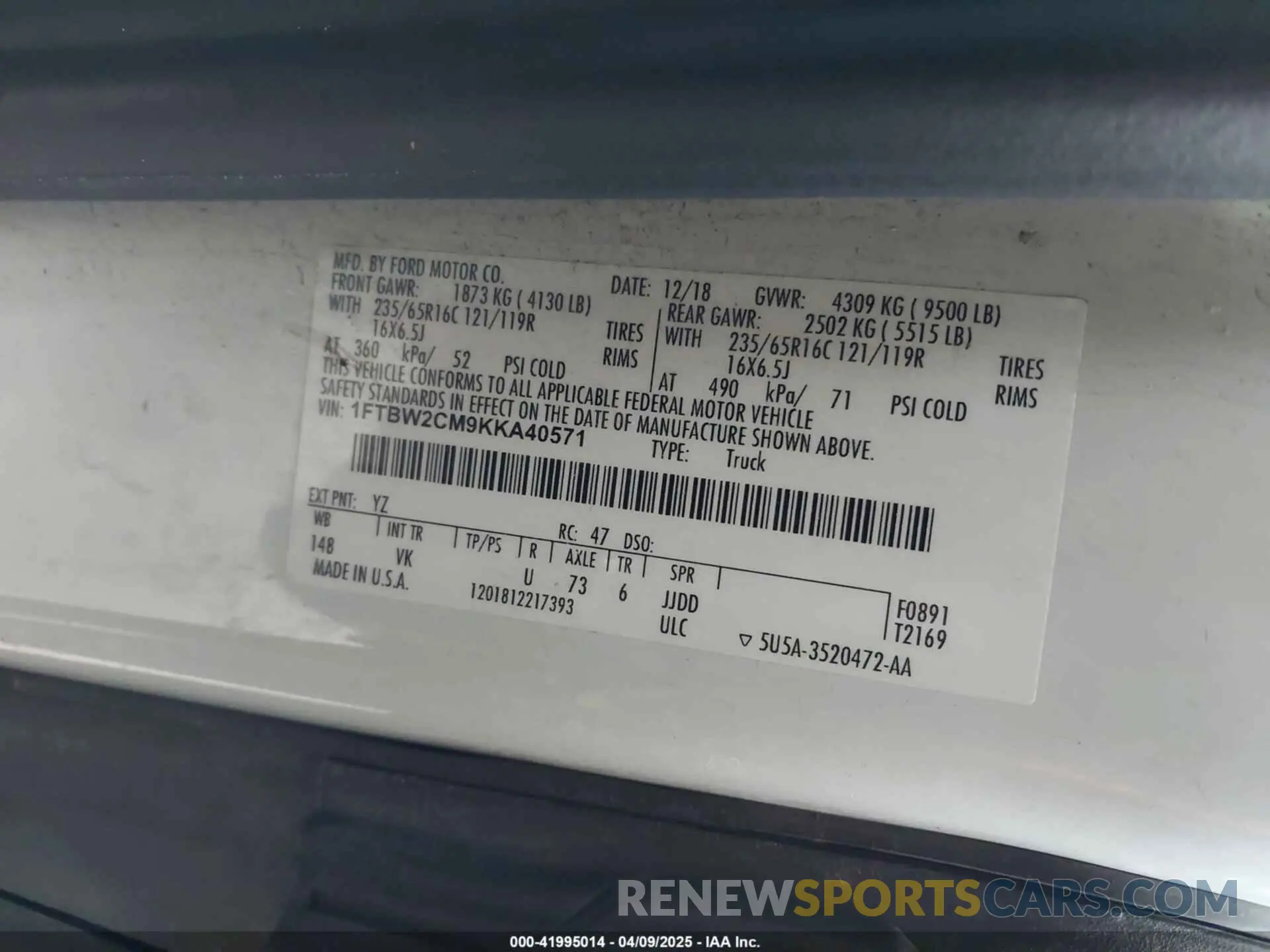 9 fotografías del automóvil dañado 1FTBW2CM9KKA40571 FORD TRANSIT-350 2019