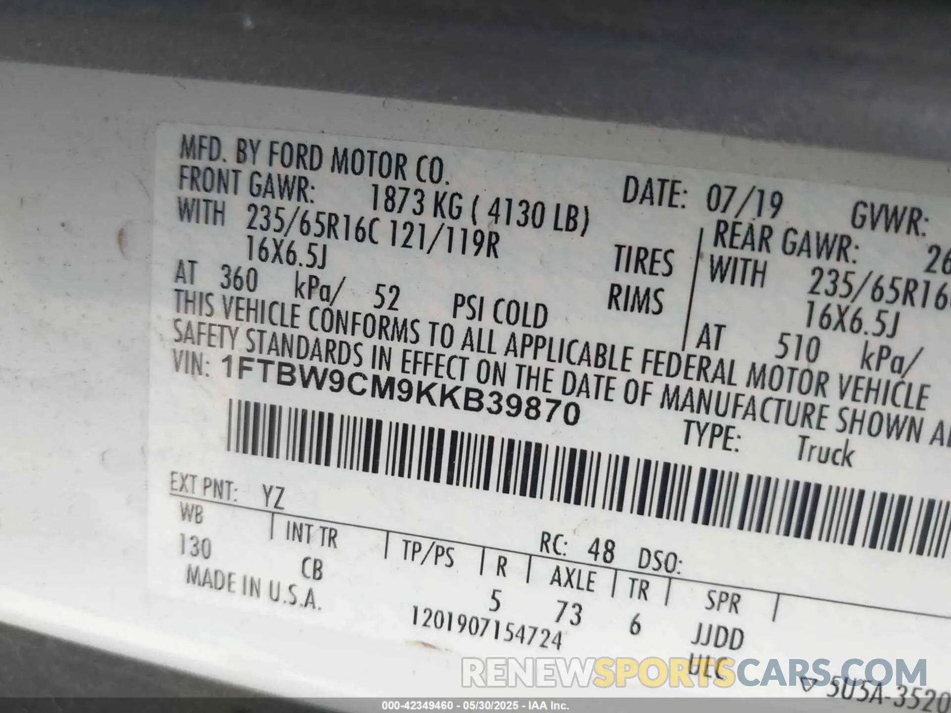 9 fotografías del automóvil dañado 1FTBW9CM9KKB39870 FORD TRANSIT-350 2019