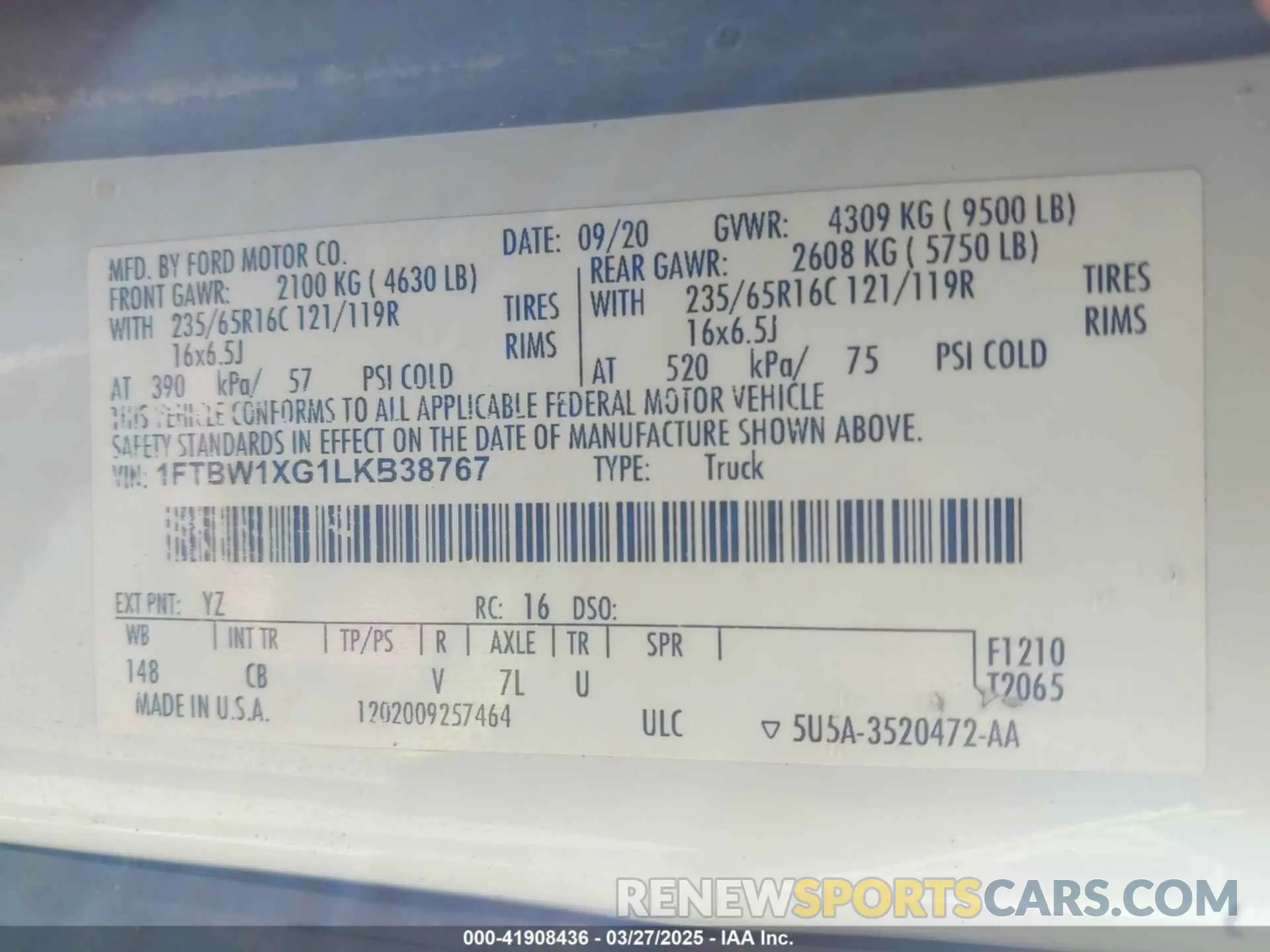 9 fotografías del automóvil dañado 1FTBW1XG1LKB38767 FORD TRANSIT-350 2020