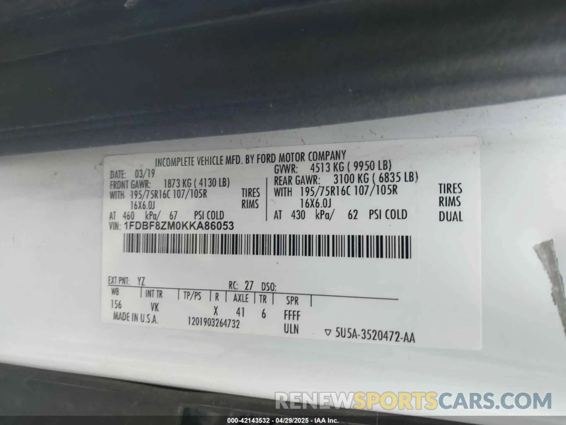 9 fotografías del automóvil dañado 1FDBF8ZM0KKA86053 FORD TRANSIT-350 CAB 2019