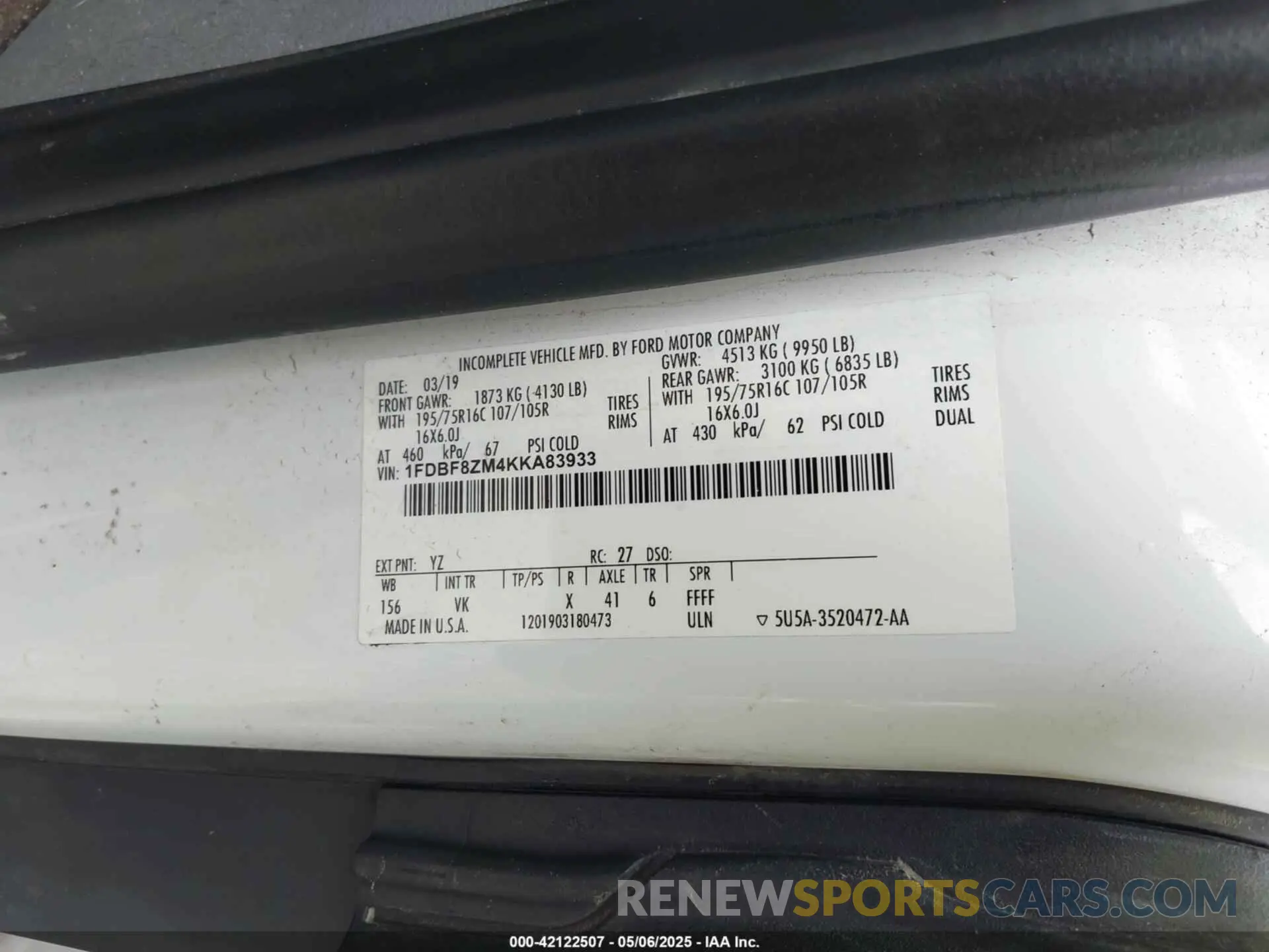 9 fotografías del automóvil dañado 1FDBF8ZM4KKA83933 FORD TRANSIT-350 CAB 2019