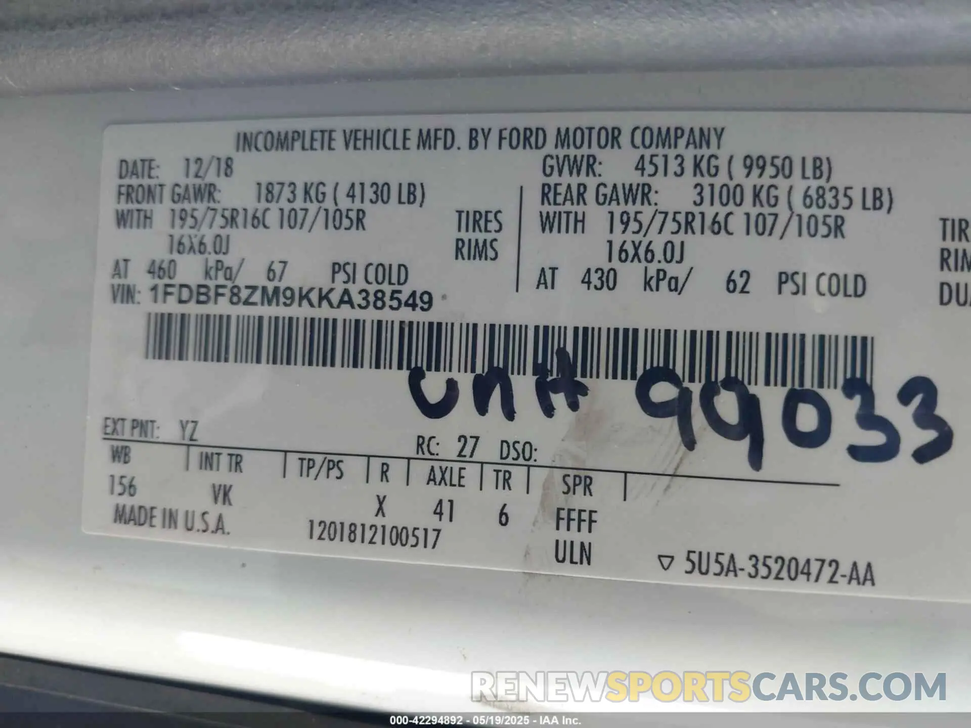 9 fotografías del automóvil dañado 1FDBF8ZM9KKA38549 FORD TRANSIT-350 CAB 2019