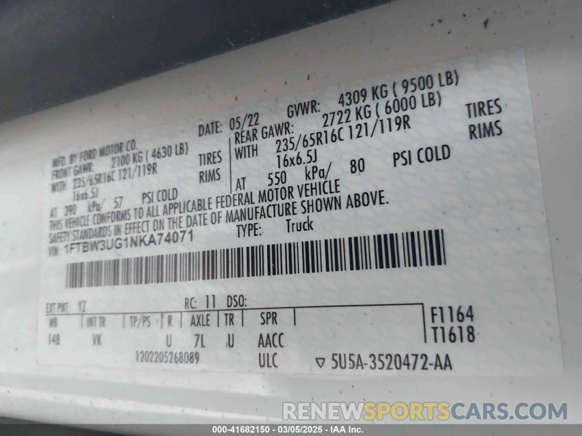 9 fotografías del automóvil dañado 1FTBW3UG1NKA74071 FORD TRANSIT-350 CARGO VAN 2022