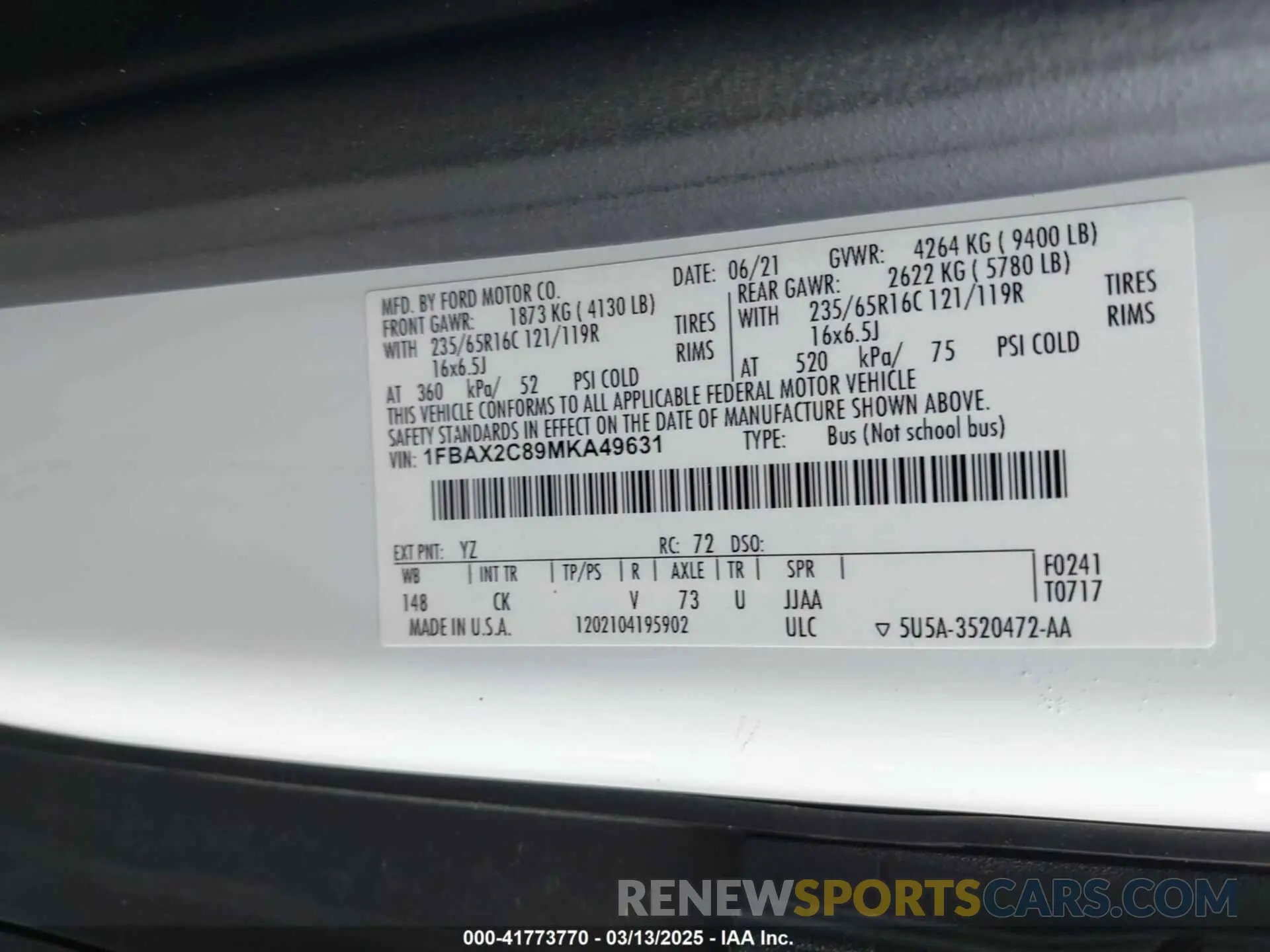 9 fotografías del automóvil dañado 1FBAX2C89MKA49631 FORD TRANSIT-350 PASSENGER VAN 2021