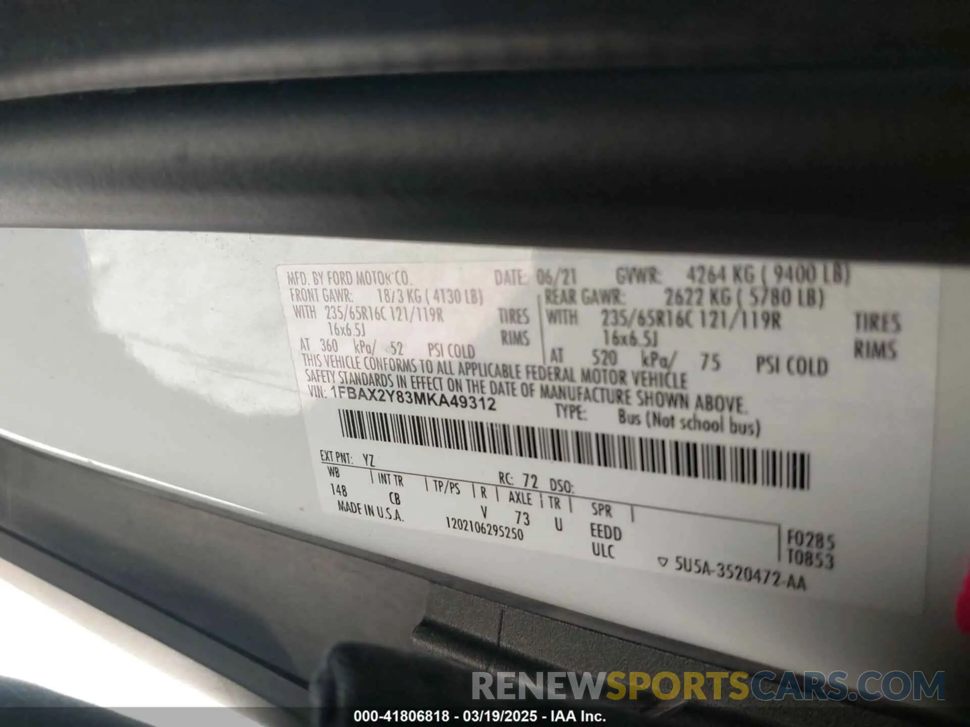9 fotografías del automóvil dañado 1FBAX2Y83MKA49312 FORD TRANSIT-350 PASSENGER VAN 2021