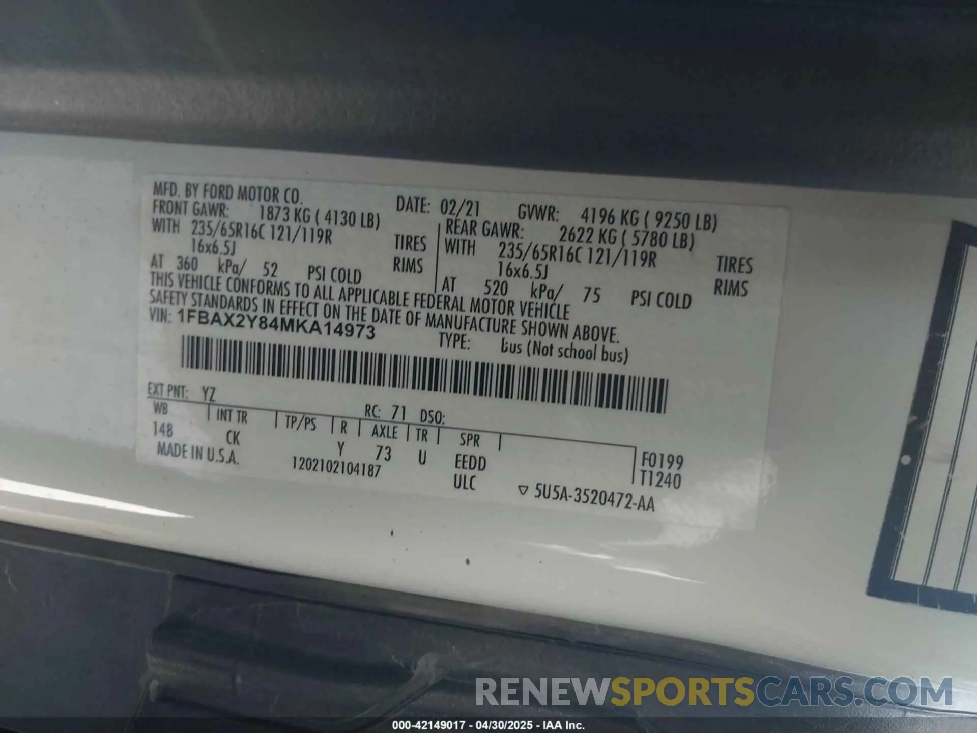 9 fotografías del automóvil dañado 1FBAX2Y84MKA14973 FORD TRANSIT-350 PASSENGER VAN 2021