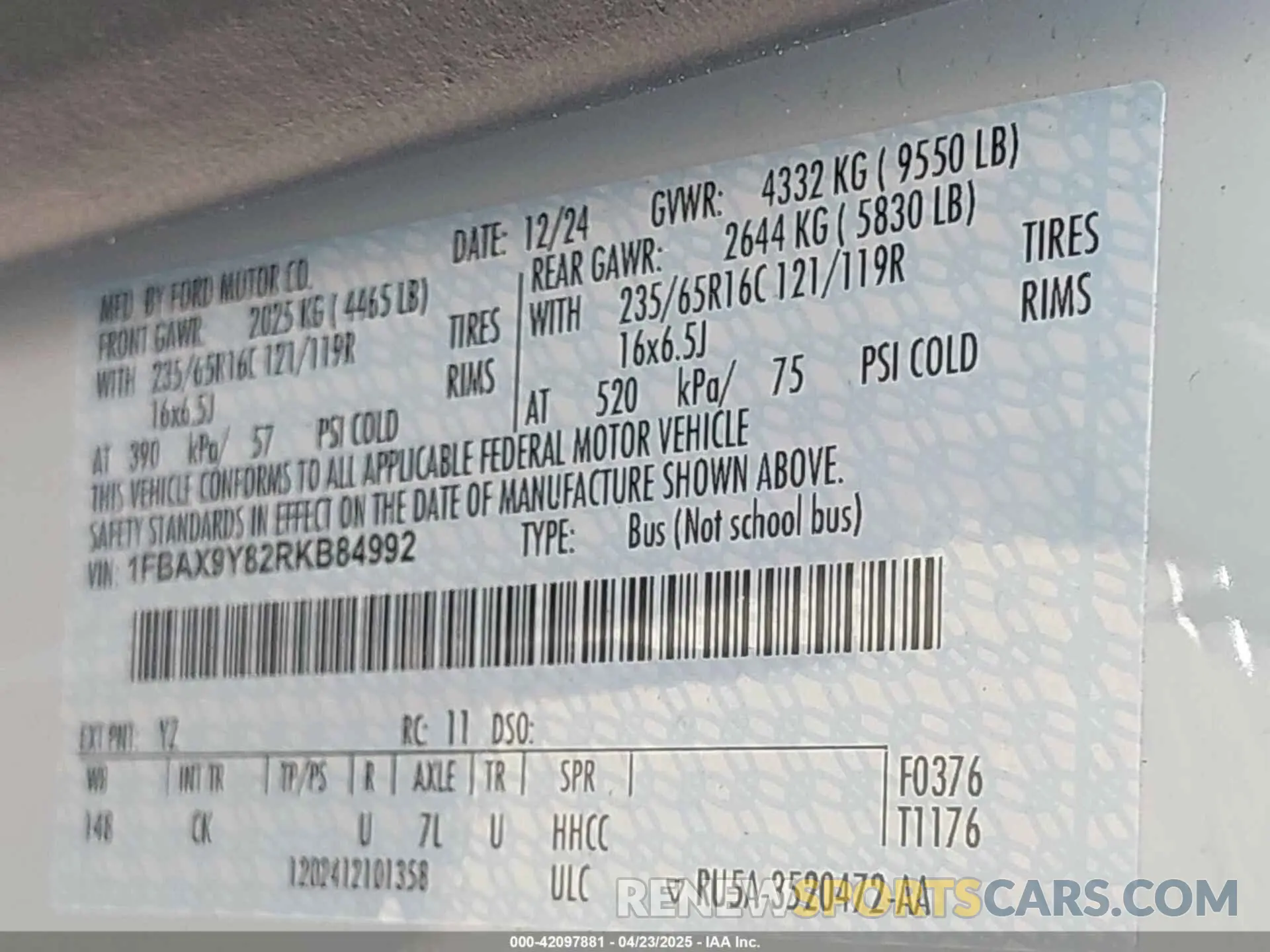 9 fotografías del automóvil dañado 1FBAX9Y82RKB84992 FORD TRANSIT-350 PASSENGER VAN 2024