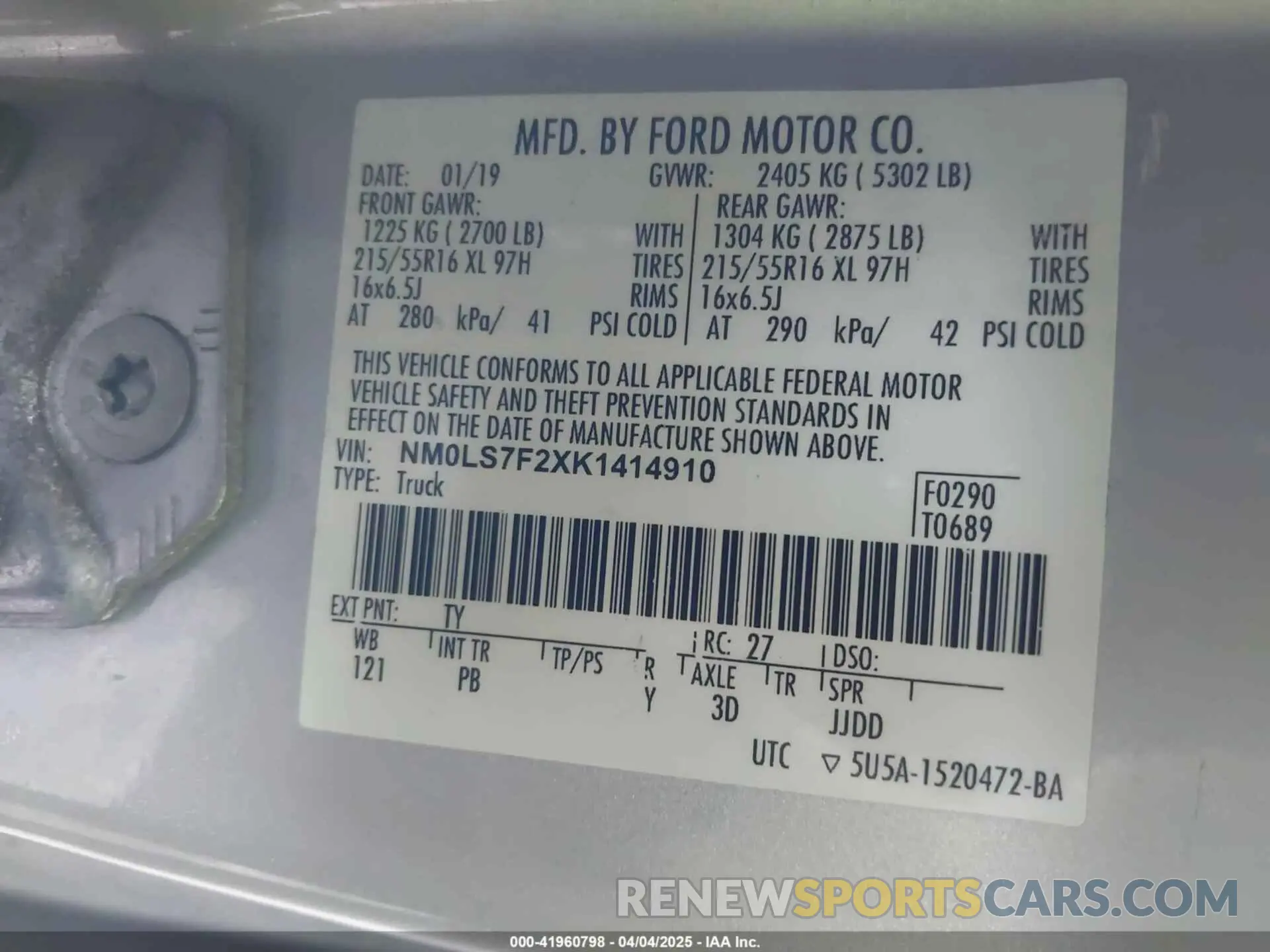 9 fotografías del automóvil dañado NM0LS7F2XK1414910 FORD TRANSIT CONNECT 2019