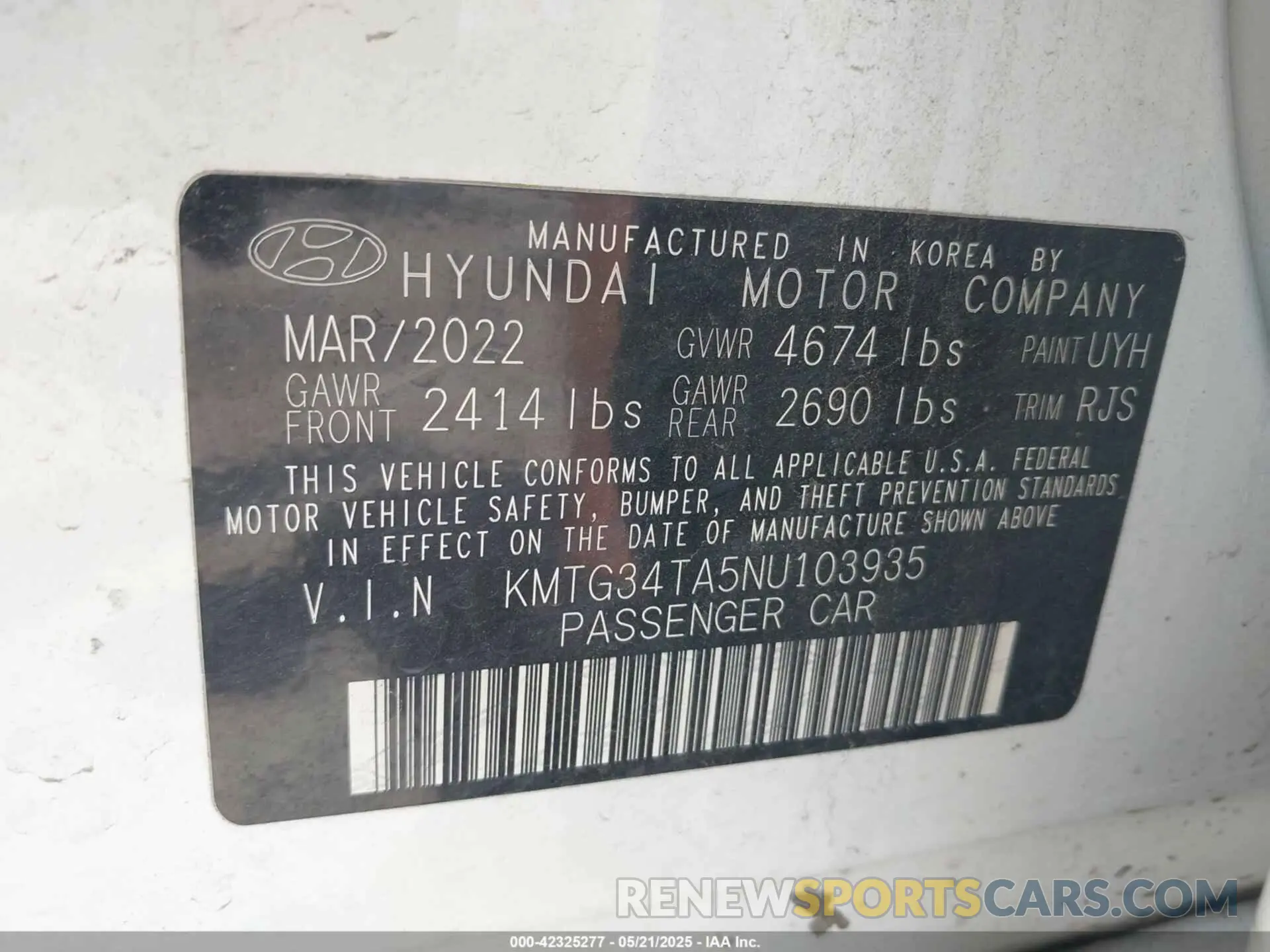 9 fotografías del automóvil dañado KMTG34TA5NU103935 GENESIS G70 2022