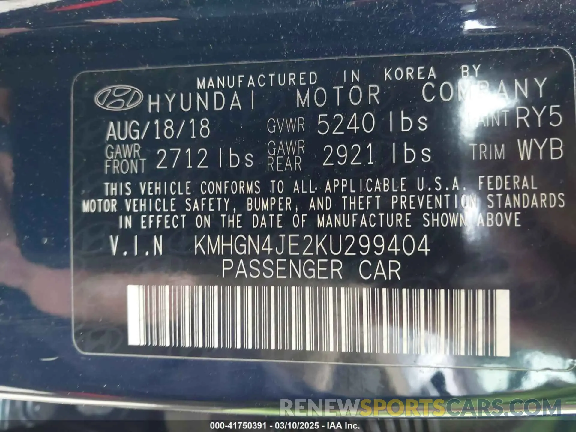 9 fotografías del automóvil dañado KMHGN4JE2KU299404 GENESIS G80 2019