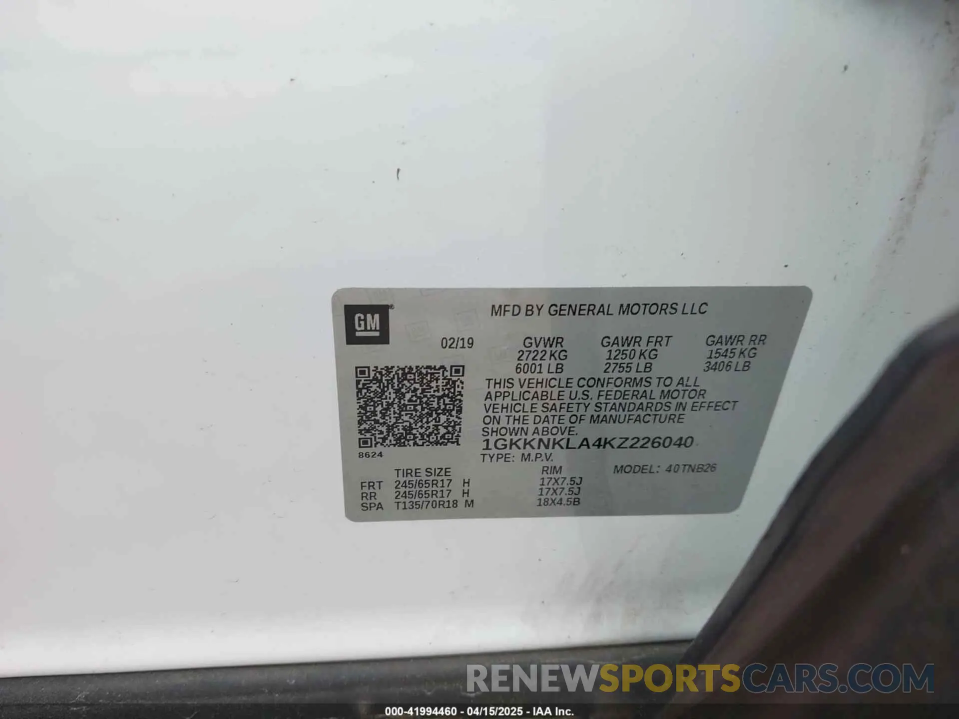 9 fotografías del automóvil dañado 1GKKNKLA4KZ226040 GMC ACADIA 2019