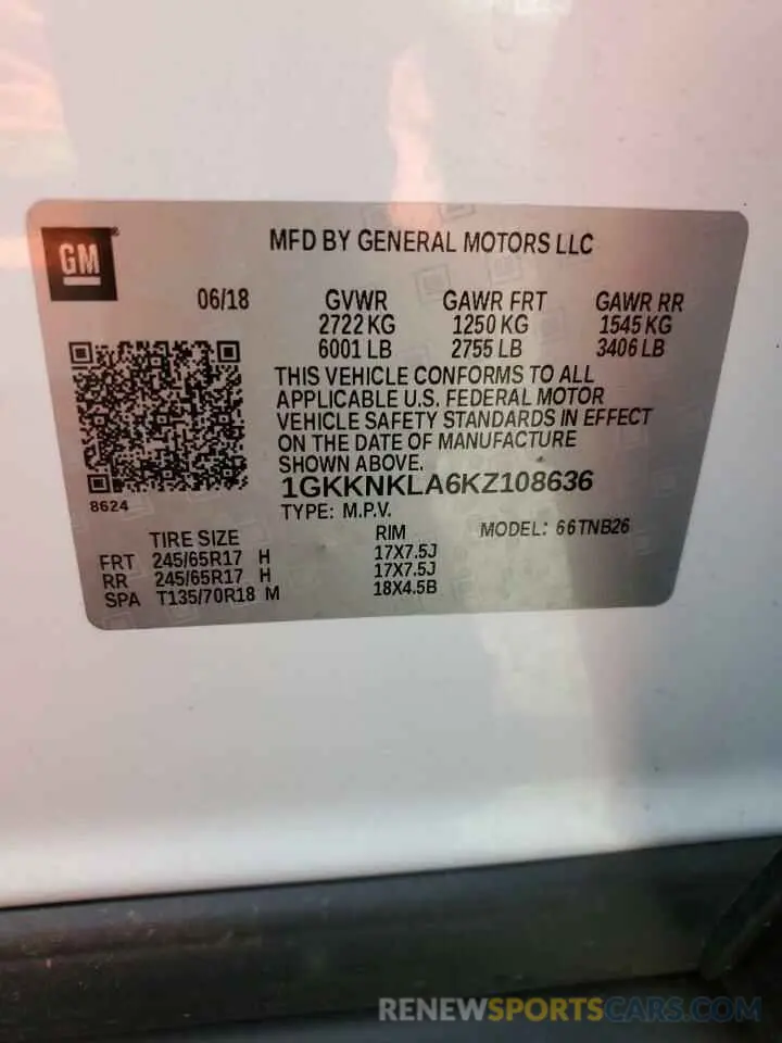14 fotografías del automóvil dañado 1GKKNKLA6KZ108636 GMC ACADIA 2019