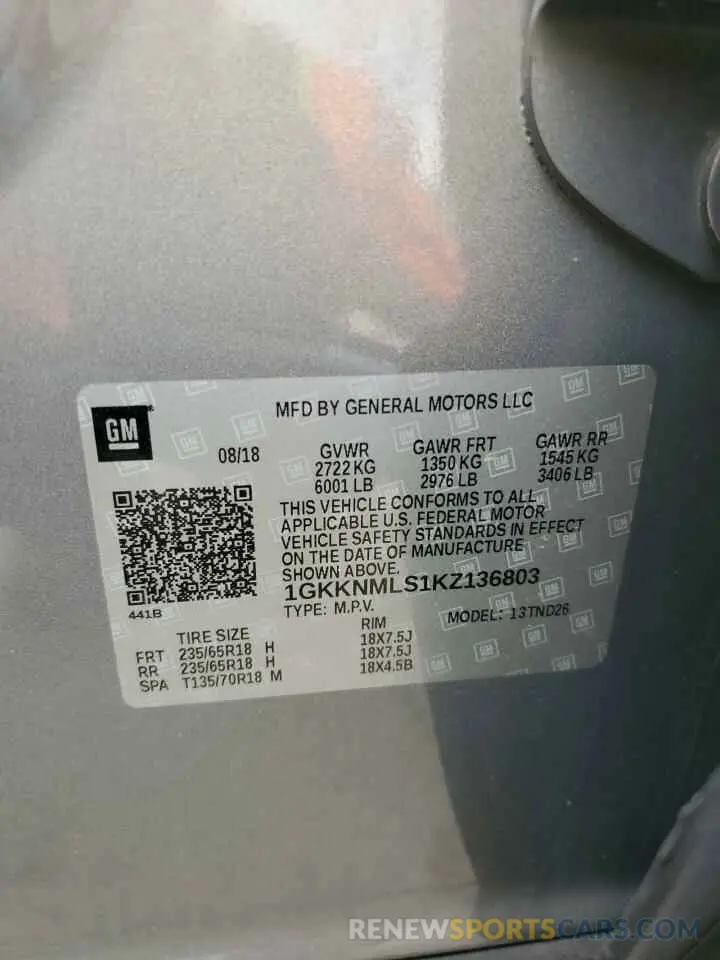 13 fotografías del automóvil dañado 1GKKNMLS1KZ136803 GMC ACADIA 2019