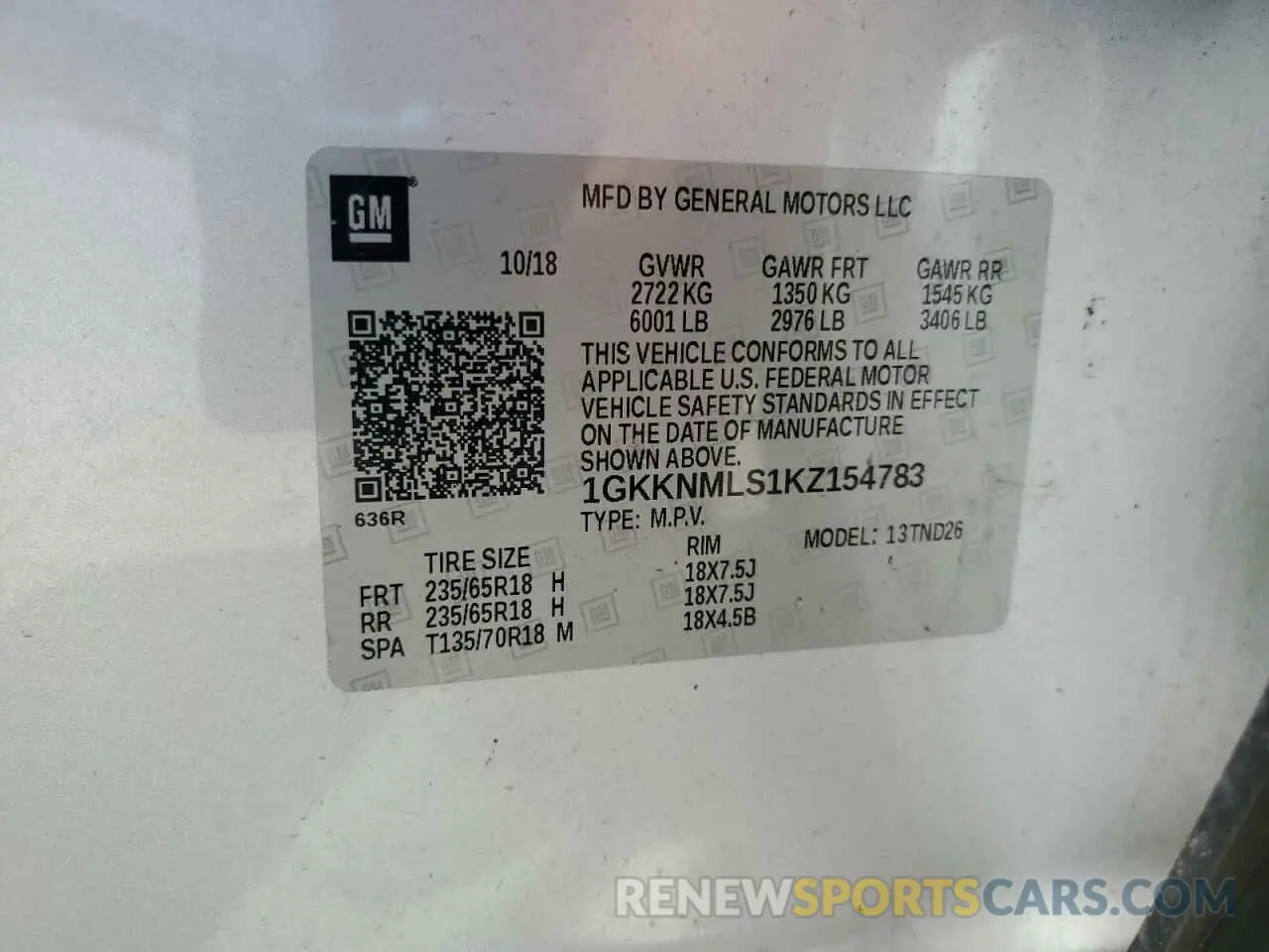 13 fotografías del automóvil dañado 1GKKNMLS1KZ154783 GMC ACADIA 2019