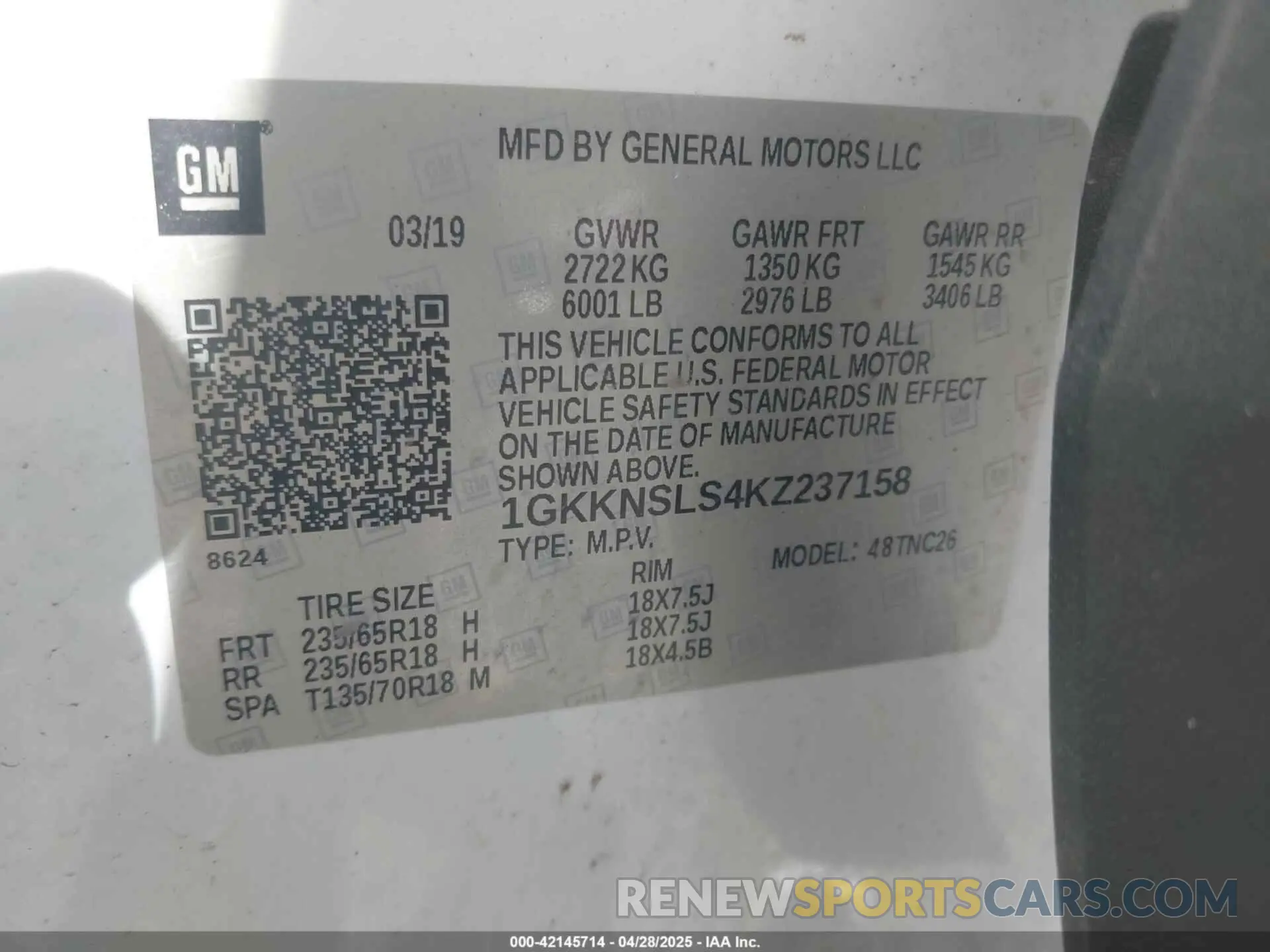 9 fotografías del automóvil dañado 1GKKNSLS4KZ237158 GMC ACADIA 2019