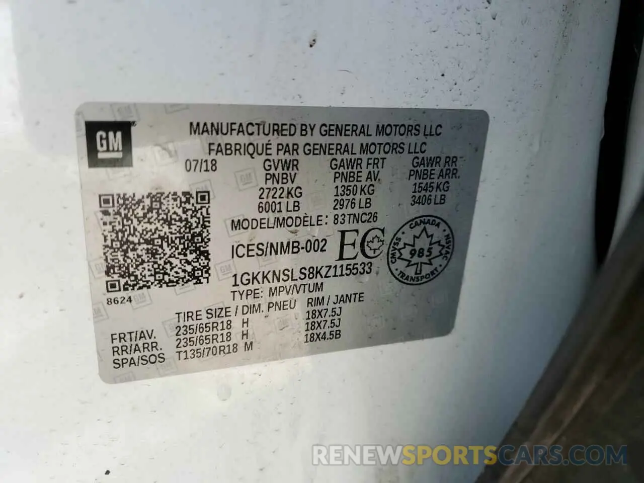 13 fotografías del automóvil dañado 1GKKNSLS8KZ115533 GMC ACADIA 2019