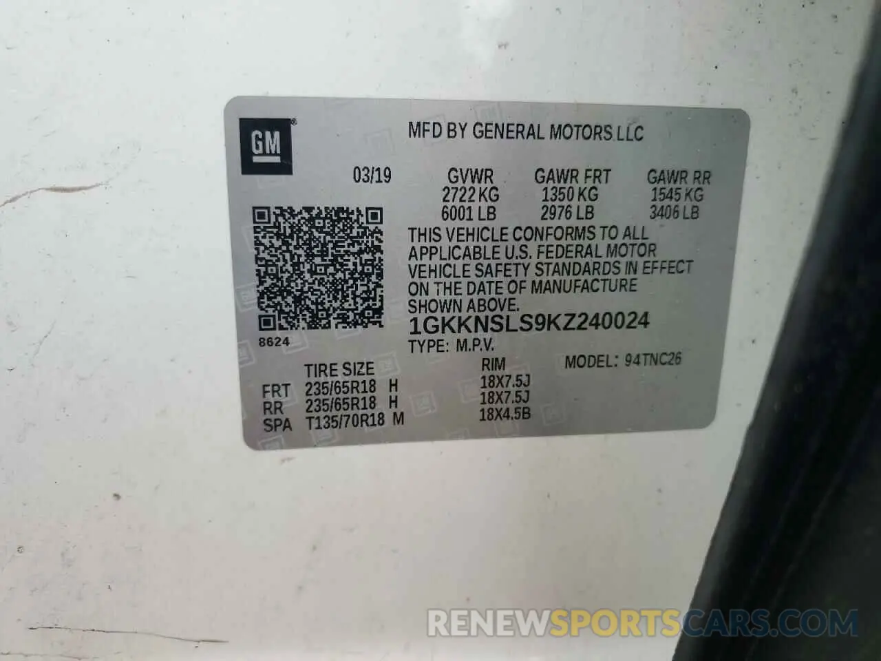 13 fotografías del automóvil dañado 1GKKNSLS9KZ240024 GMC ACADIA 2019