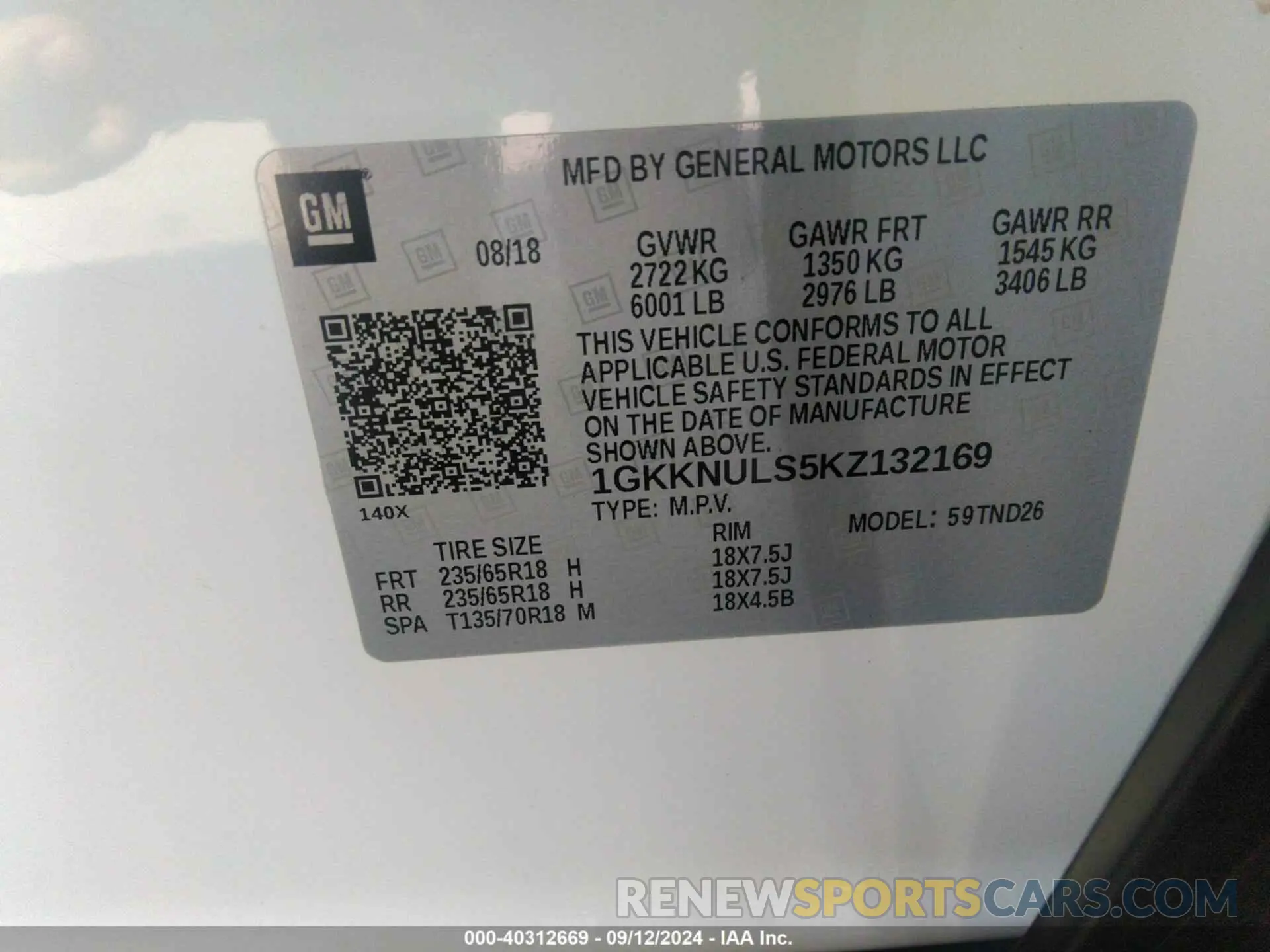 9 fotografías del automóvil dañado 1GKKNULS5KZ132169 GMC ACADIA 2019