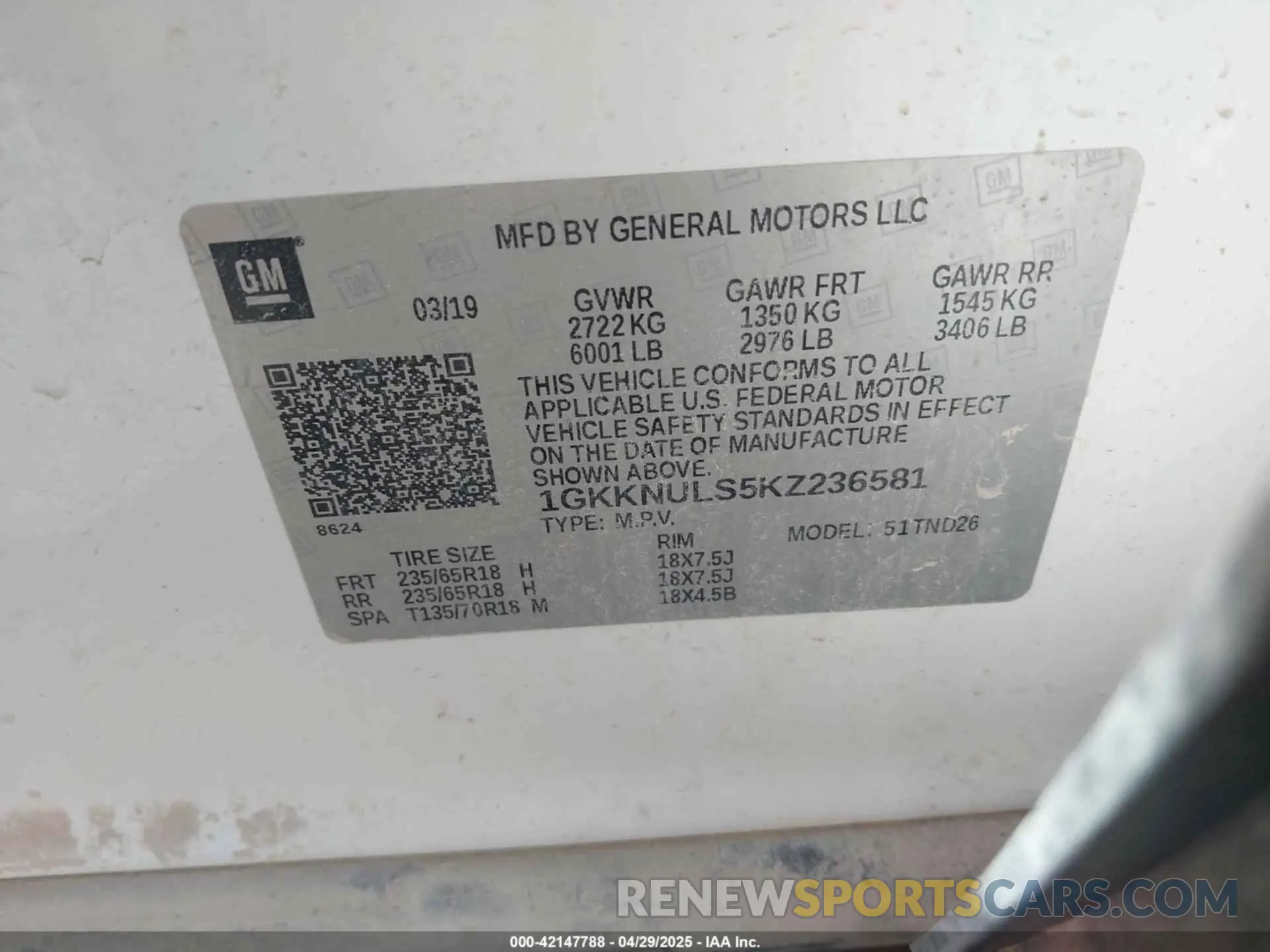 9 fotografías del automóvil dañado 1GKKNULS5KZ236581 GMC ACADIA 2019