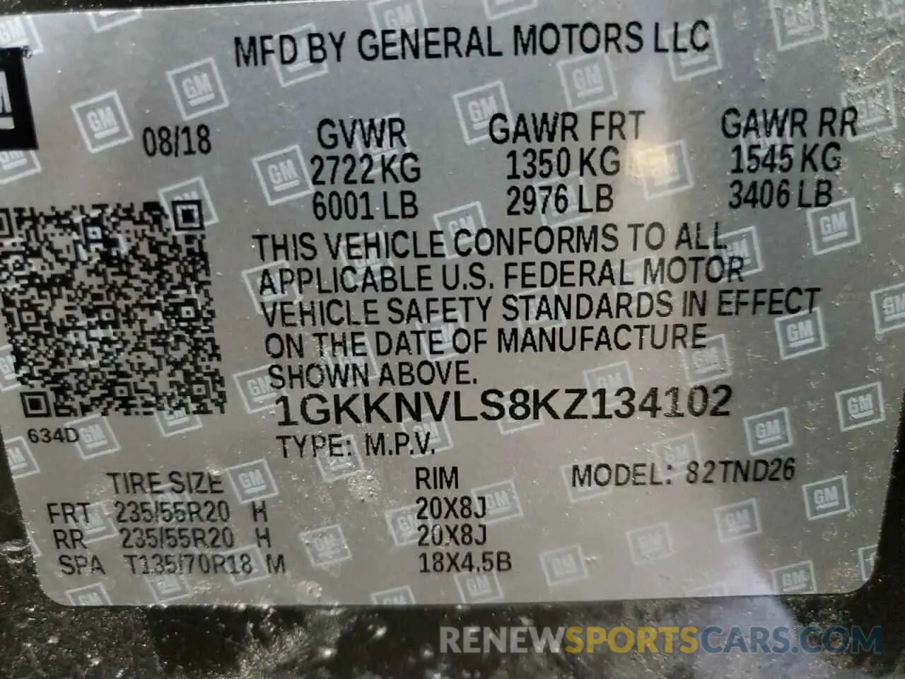 15 fotografías del automóvil dañado 1GKKNVLS8KZ134102 GMC ACADIA 2019