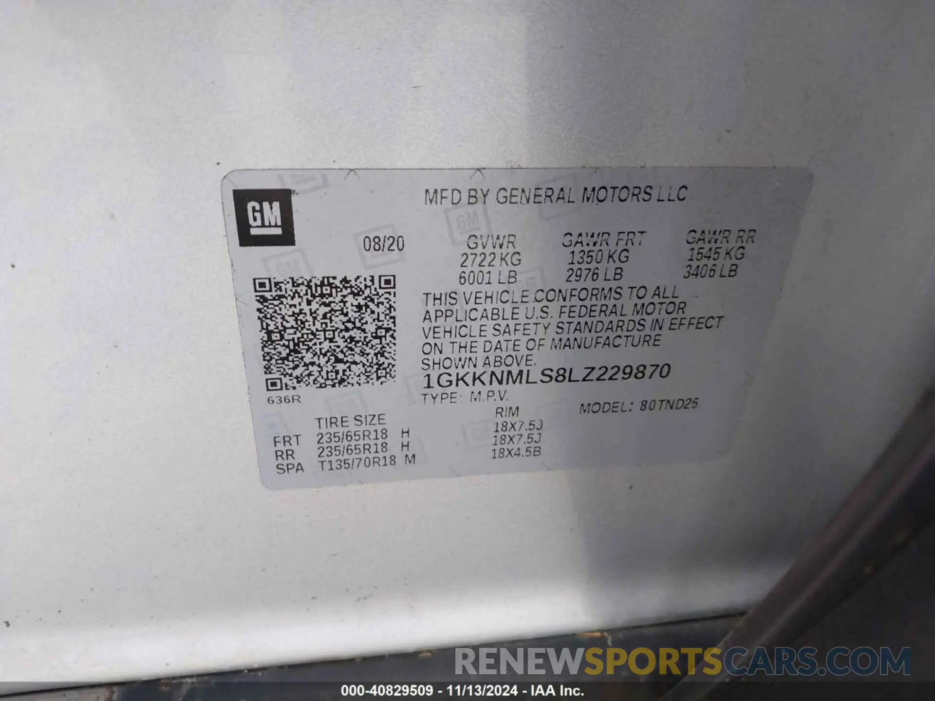 9 fotografías del automóvil dañado 1GKKNMLS8LZ229870 GMC ACADIA 2020