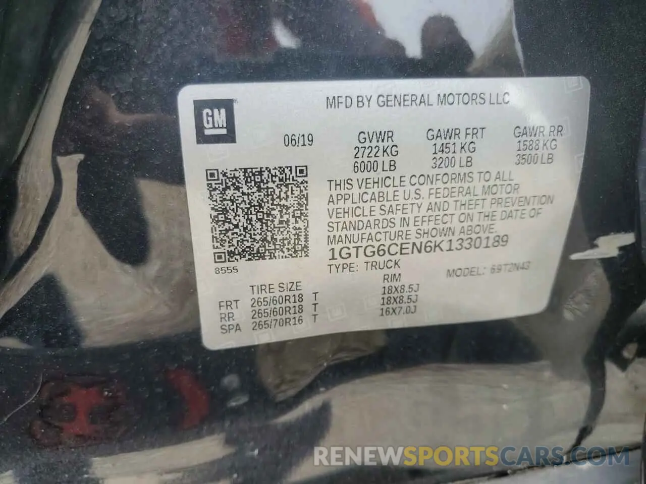 12 fotografías del automóvil dañado 1GTG6CEN6K1330189 GMC CANYON 2019