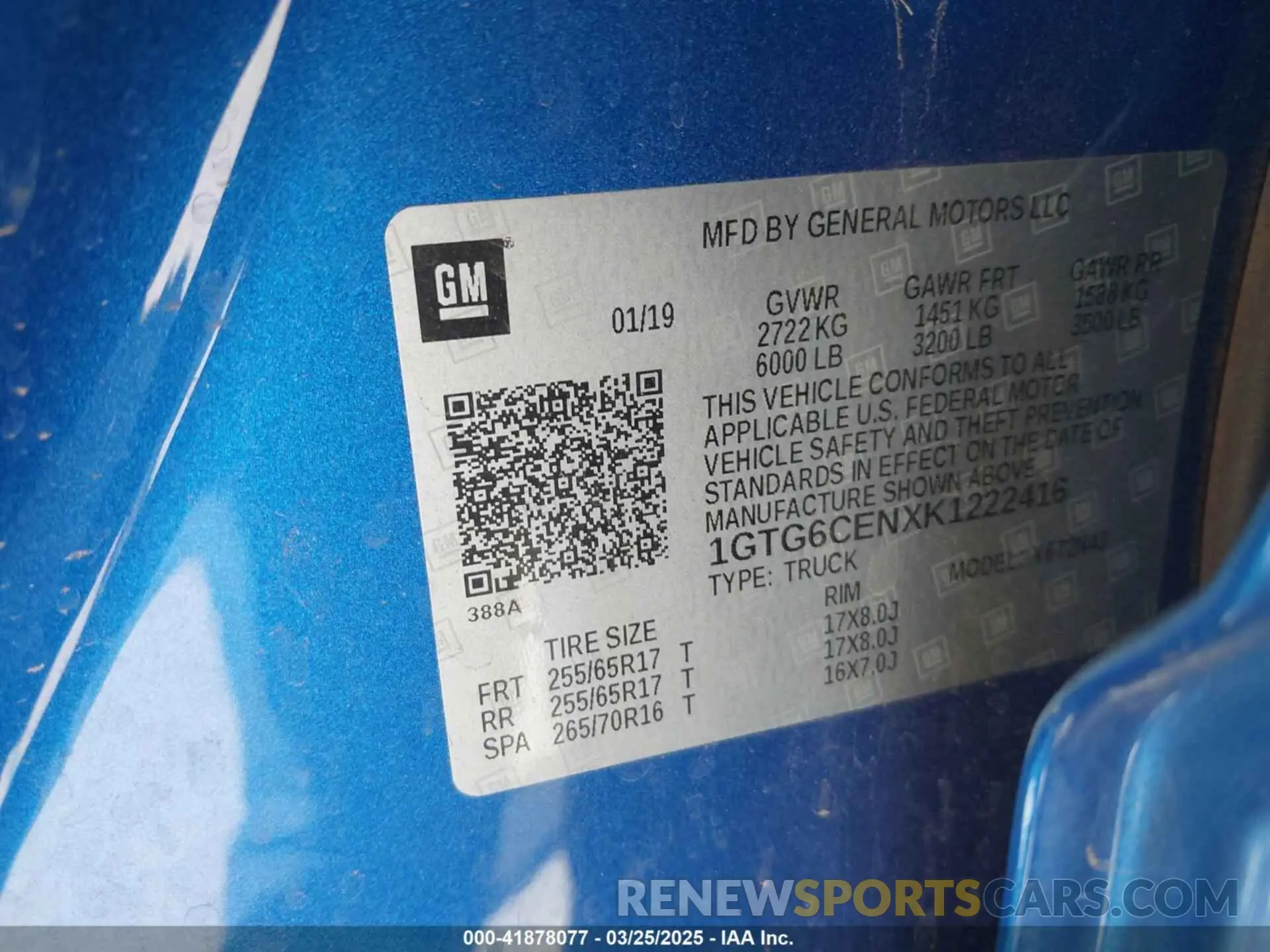 9 fotografías del automóvil dañado 1GTG6CENXK1222416 GMC CANYON 2019