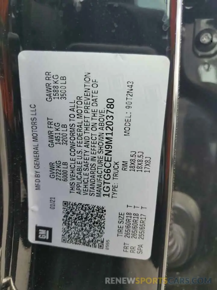 12 fotografías del automóvil dañado 1GTG6CEN9M1203780 GMC CANYON 2021