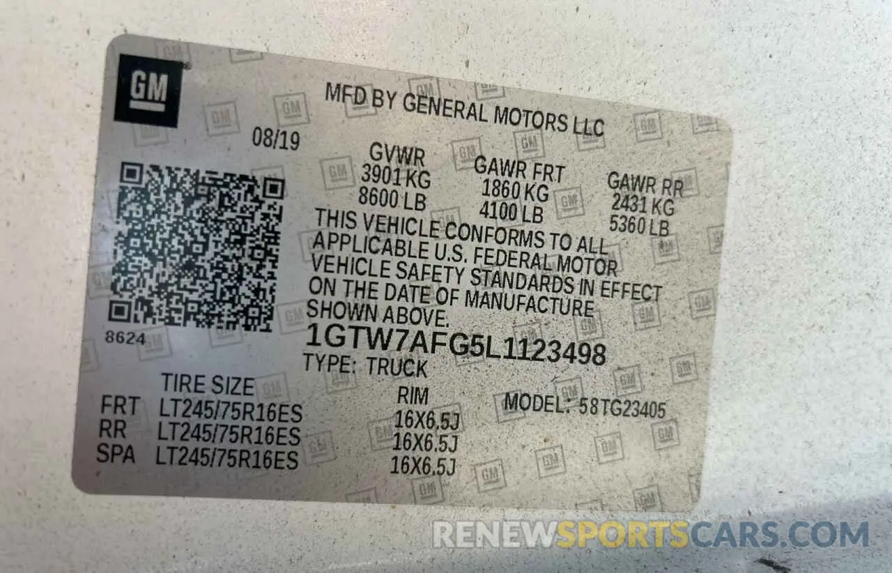 10 fotografías del automóvil dañado 1GTW7AFG5L1123498 GMC SAVANA 2020