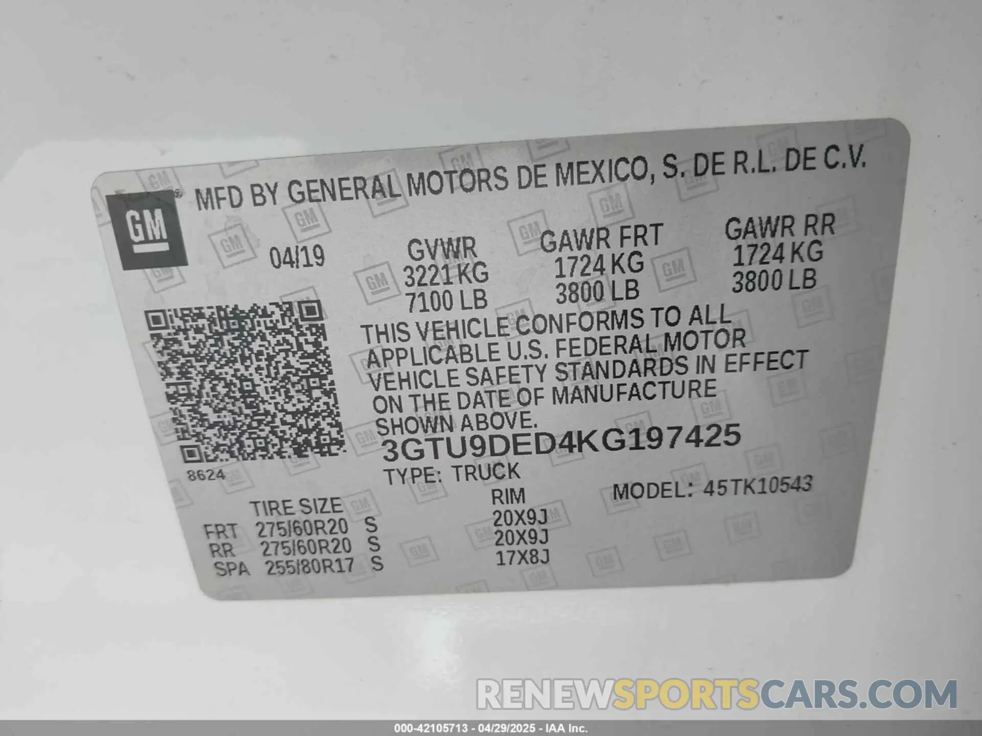 9 fotografías del automóvil dañado 3GTU9DED4KG197425 GMC SIERRA 1500 2019