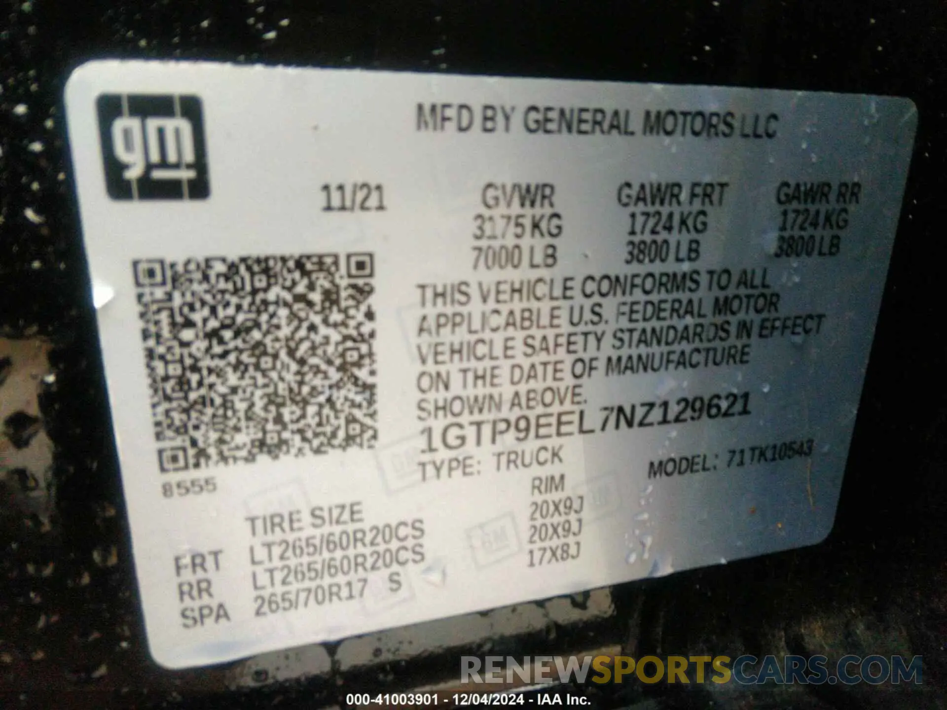 9 fotografías del automóvil dañado 1GTP9EEL7NZ129621 GMC SIERRA 1500 LIMITED 2022