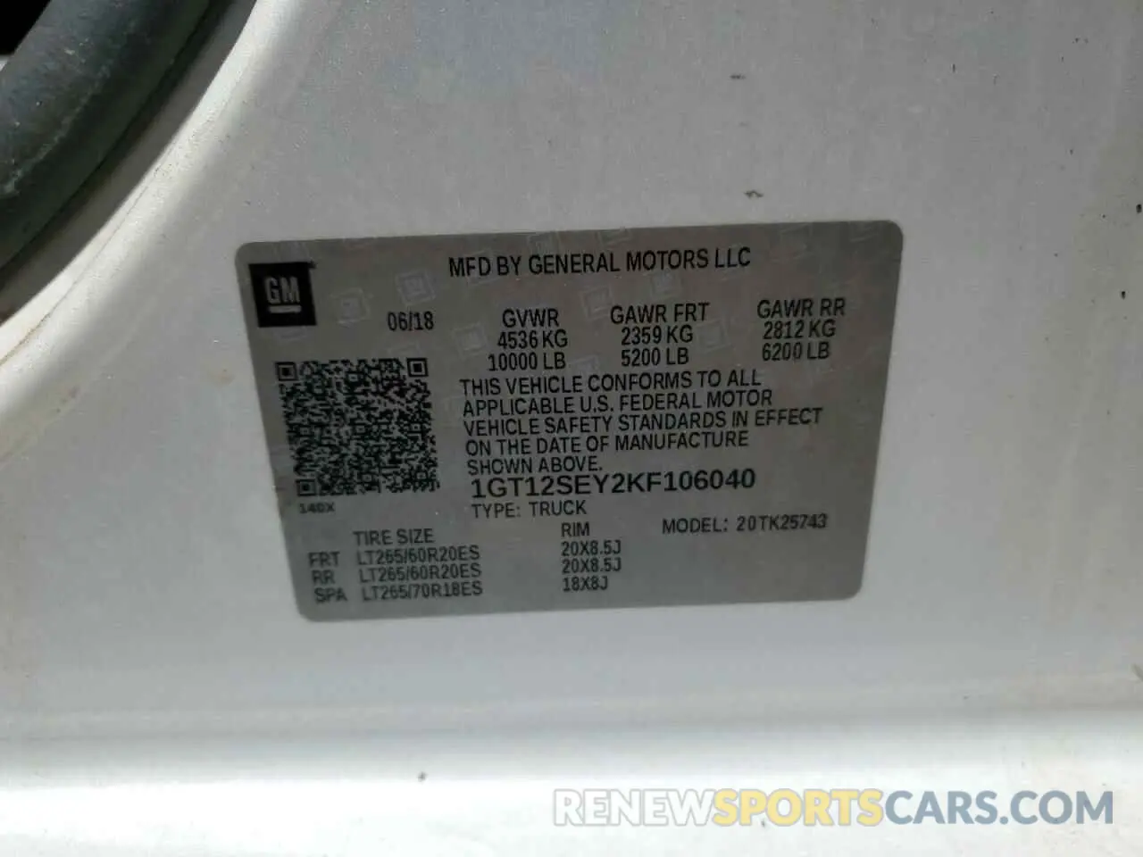 12 fotografías del automóvil dañado 1GT12SEY2KF106040 GMC SIERRA 2019