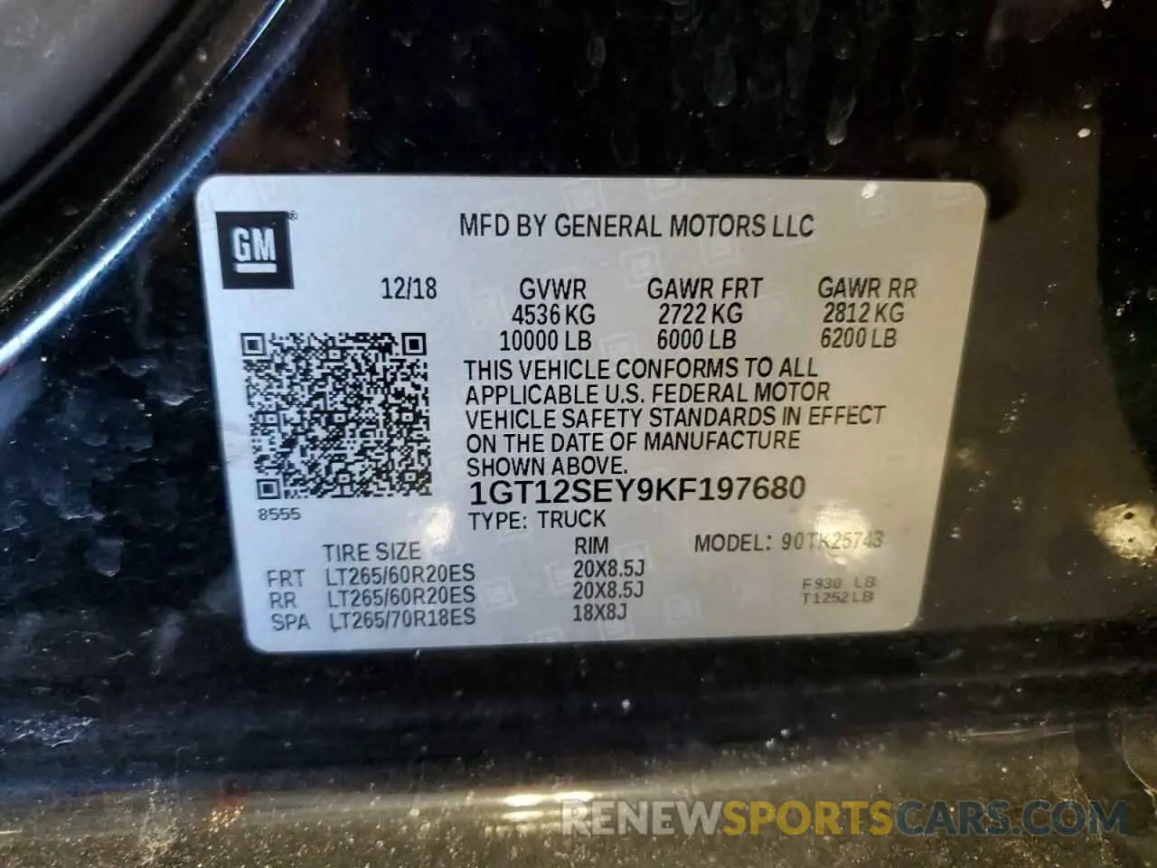 12 fotografías del automóvil dañado 1GT12SEY9KF197680 GMC SIERRA 2019